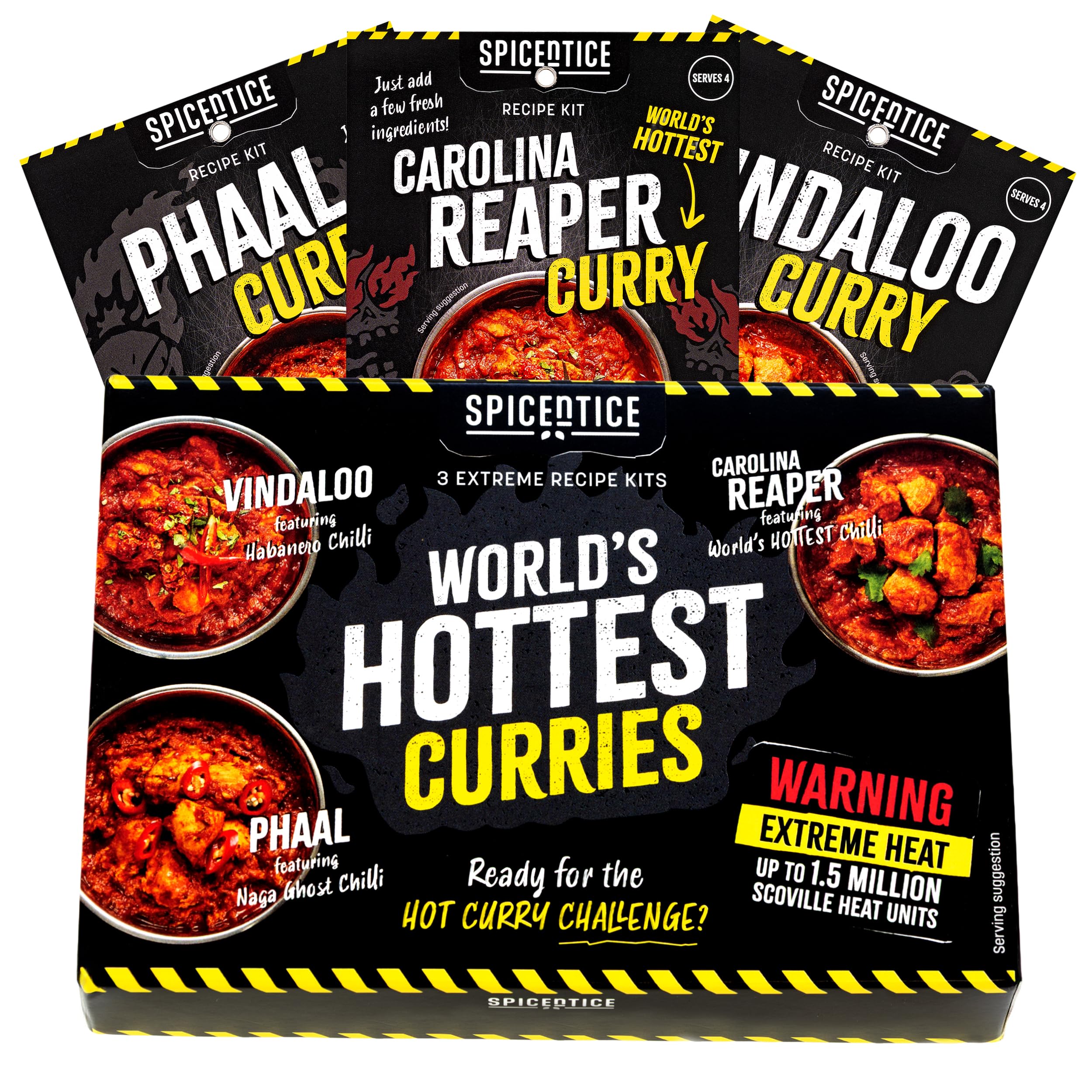 SPICENTICE World's Hottest Curry Recipe Kit Gift Set - Carolina Reaper, Naga Ghost Chilli Phaal, Fiery Habanero Vindaloo - Easy-to-Make, Vegan-Friendly Curry Gift for Chilli Lovers