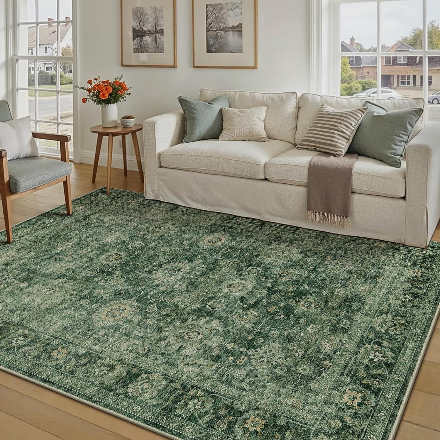 5x7 Washable Area Rug for Living Room Bedroom Green Vintage Distressed Rustic Carpet Non-Slip Low Pile Lightweight Vacuumable Soft Throw Rug for Indoor Dining Room Office