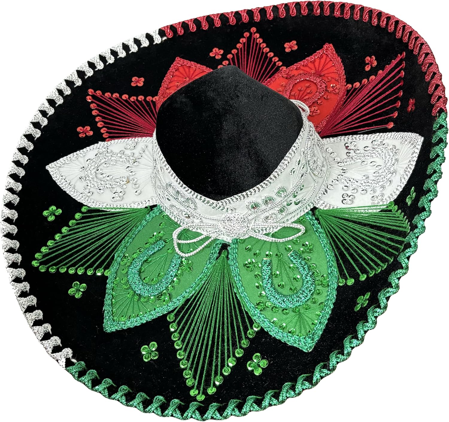 Authentic Mariachi Charro Sombrero - Traditional Mexican Hat with Unique Embroidery, Black Green Red and White (Design and Color May Vary) - Image 3