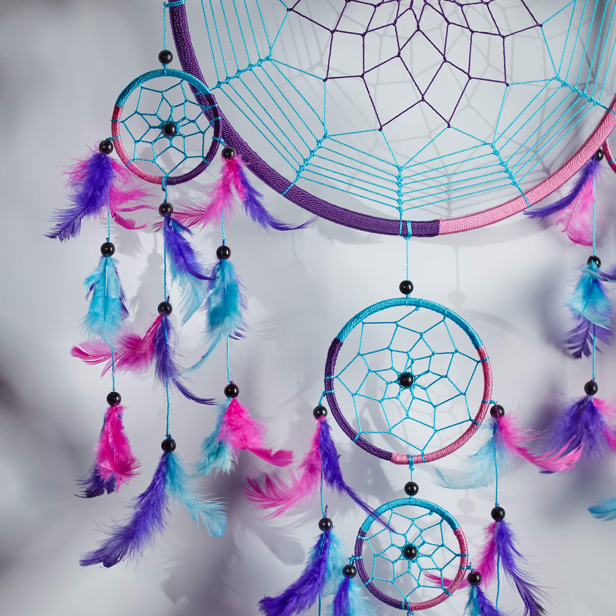 Caught Dreams Dream Catcher Traditional Indian Inspired Wall Art | Delicate Design | Vibrant Colors | Large Size 10.5 inch x 27 inches | Wall Hanging Home décor | Handmade | Aqua Blue, Pink and Purple