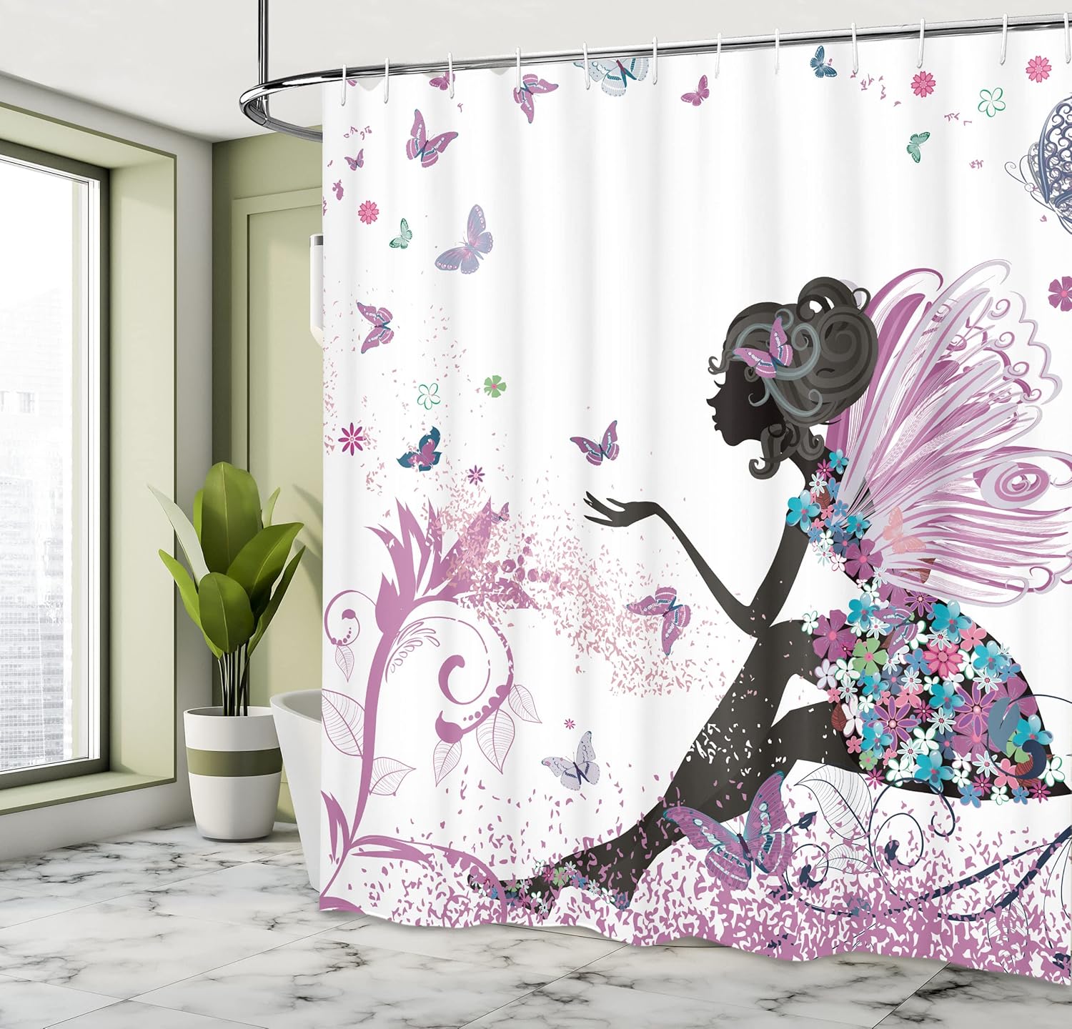 Ambesonne Fantasy Shower Curtain, Spring Girl Wings in a Floral Dress Surreal Garden Butterflies Print, Cloth Fabric Bathroom Decor Set with Hooks, 69" W x 84" L, Pale Purple