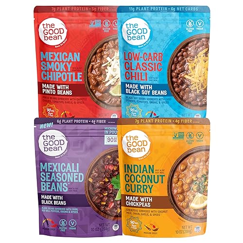 The Good Bean Heat and Eat Pouch - Paquete variado (paquete de 4) bolsa de 10 onzas  Chipotle ahumado mexicano, chile clásico bajo en carbohidratos,