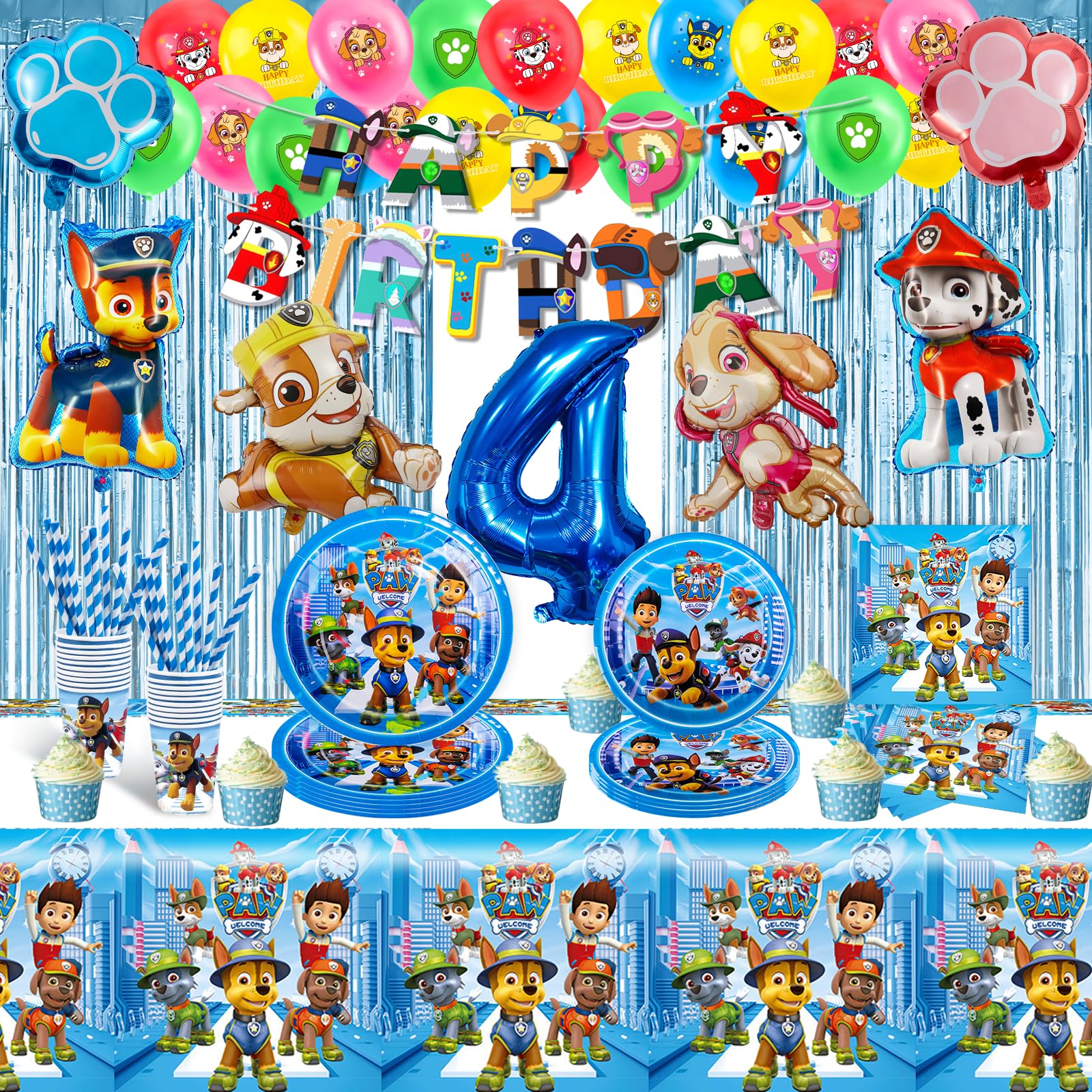 WD3 90PCS Dog Pappteller Kindergeburtstag+Geburtstag Deko, Geburtstag Geschirr Set, Tortendeko Geburtstag, Becher Servietten Tischdecke Set Partygeschirr Geburtstag Kindergeburtstag für 20 Personen