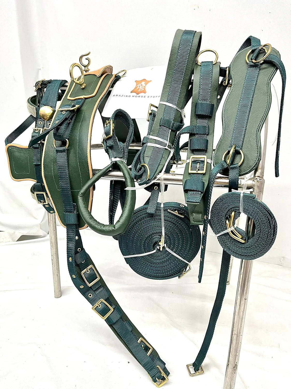 Olive Green Nylon Driving Harness | Beige Patent Piping | Full | Cob | Pony | Shetland | Mini |