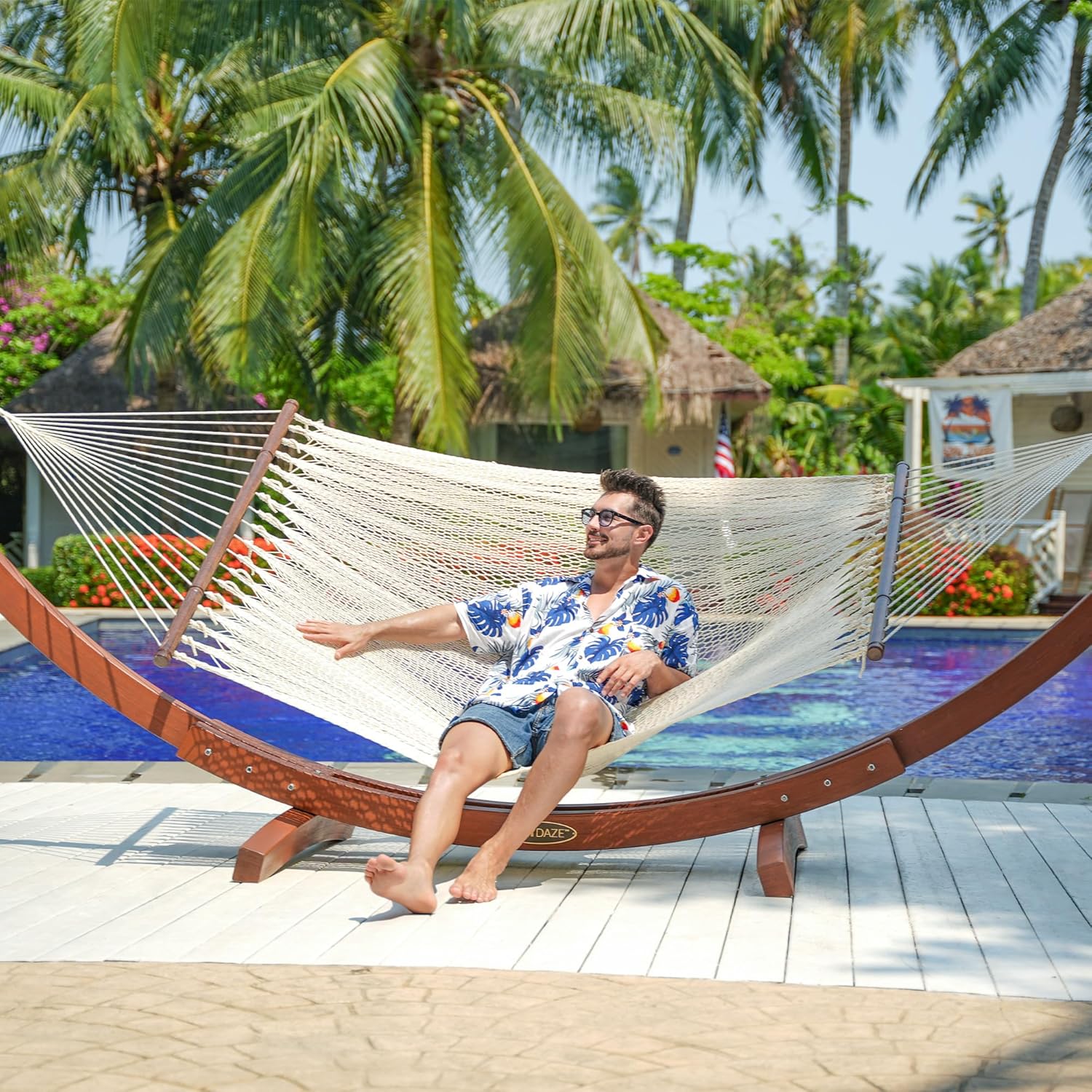 Lazy Daze Hammocks 10.5 FT Double 2 Person Caribbean Rope Hammock, Hand Woven Polyester Hammock with Spreader Bars, for Outside Outdoor Backyard Patio Poolside, 450 LBS Capacity, Cream
