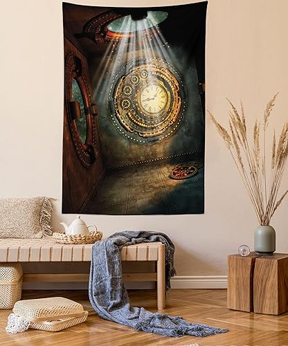 Miniatura 16 de Ambesonne Tapiz de fantasía, paisaje de fantasía con reloj, rayos de cielo de ensueño desde el techo, arte ficticio, colgante de pared ancho para