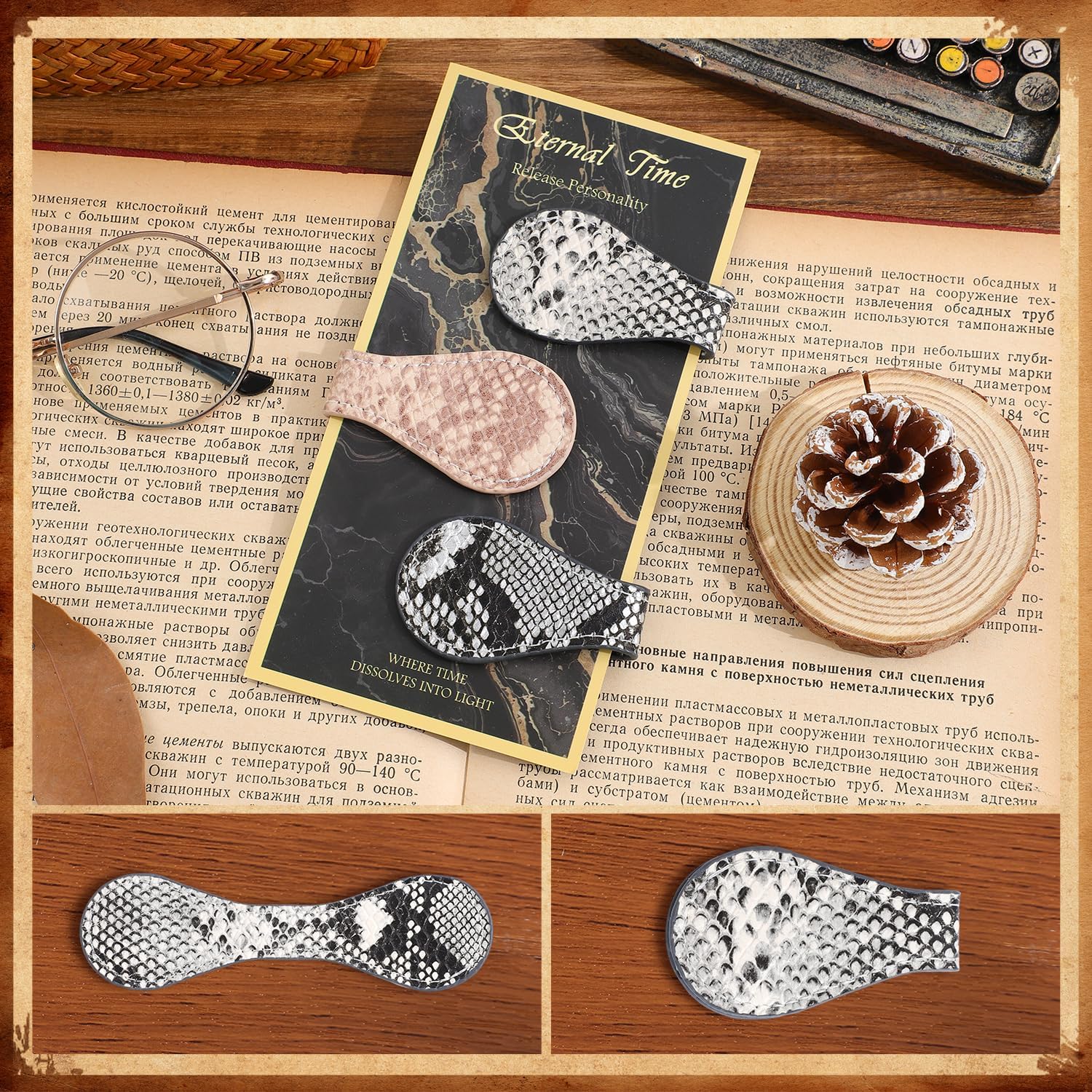 3PCS Vintage Magnetic Leather Bookmark, Leather Magnetic Bookmarks for Women, Magnetic PU Bookmarks Clip Book Accessories, Snake Skin Pattern image 3