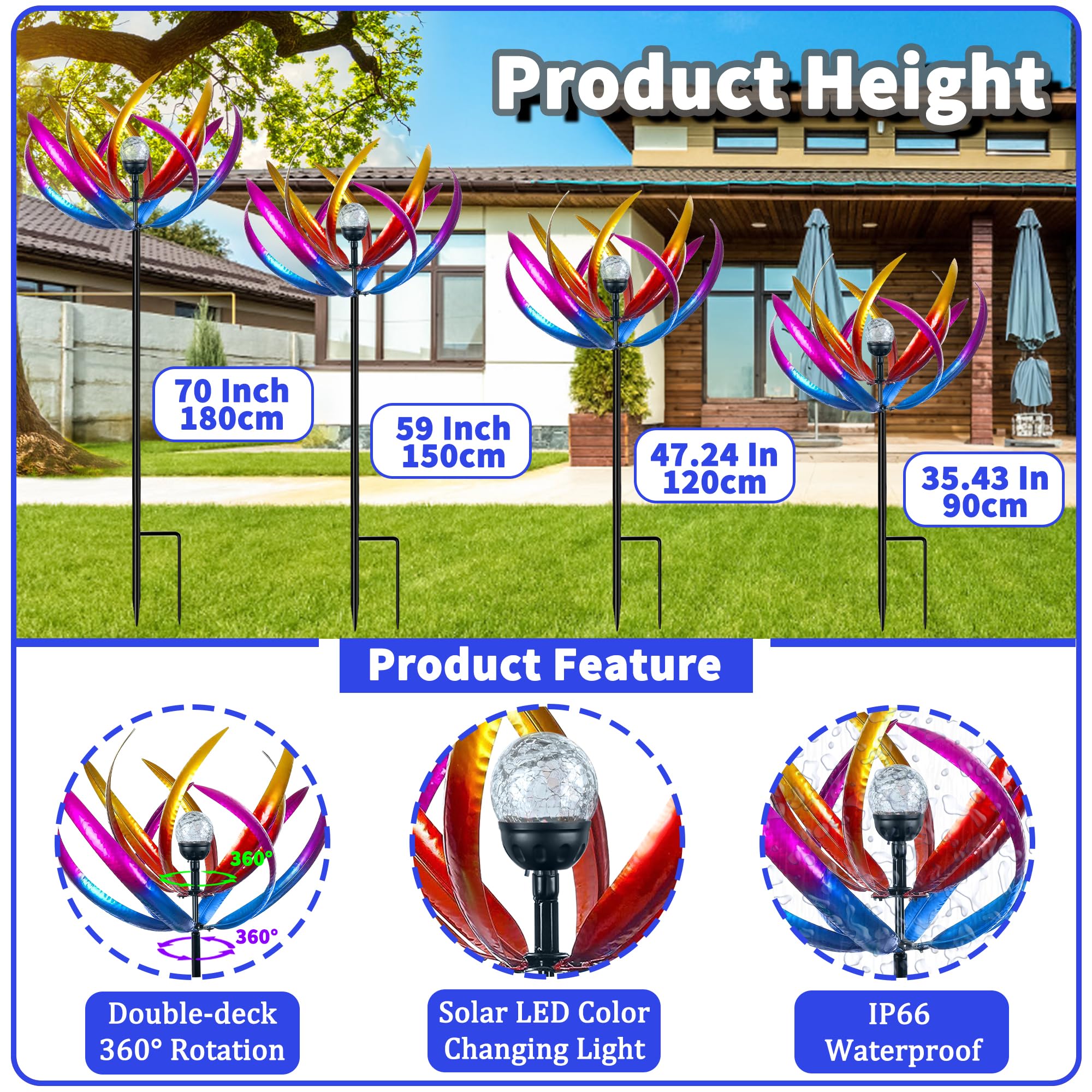 Wind Spinners Outdoor for Yard and Garden - Wind Sculptures & Spinners - 70 Inch Wind Spinner with Solar Powered Multi-Color Glass Ball Light for Yard Garden Backyard Lawn Decorations