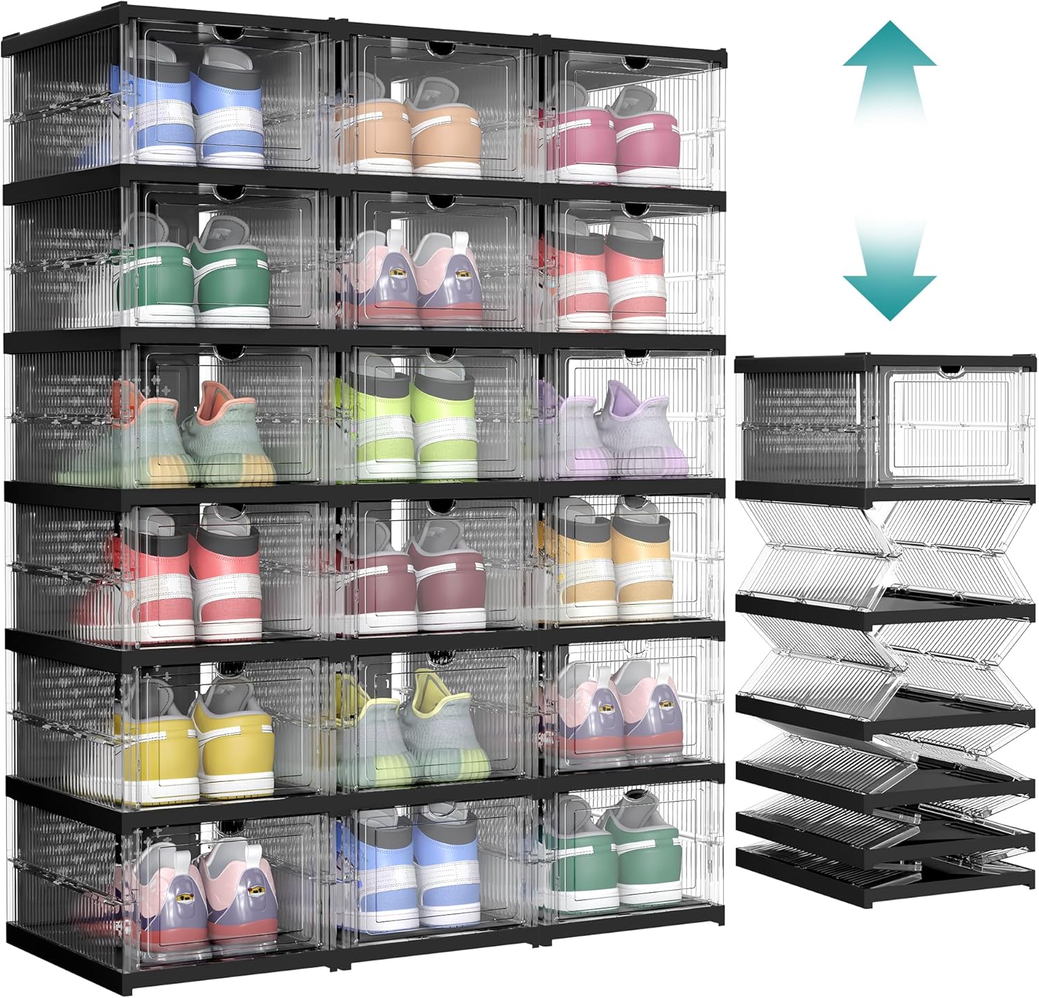 SONGMICS Foldable Shoe Boxes, Pack of 18 Stackable Shoe Storage Organizer, Set of 3 Integraed Shoe Cabinets, Portable, Fit up to US size 13, 60s Assembly, Transparent and Ink Black ULSP207B01