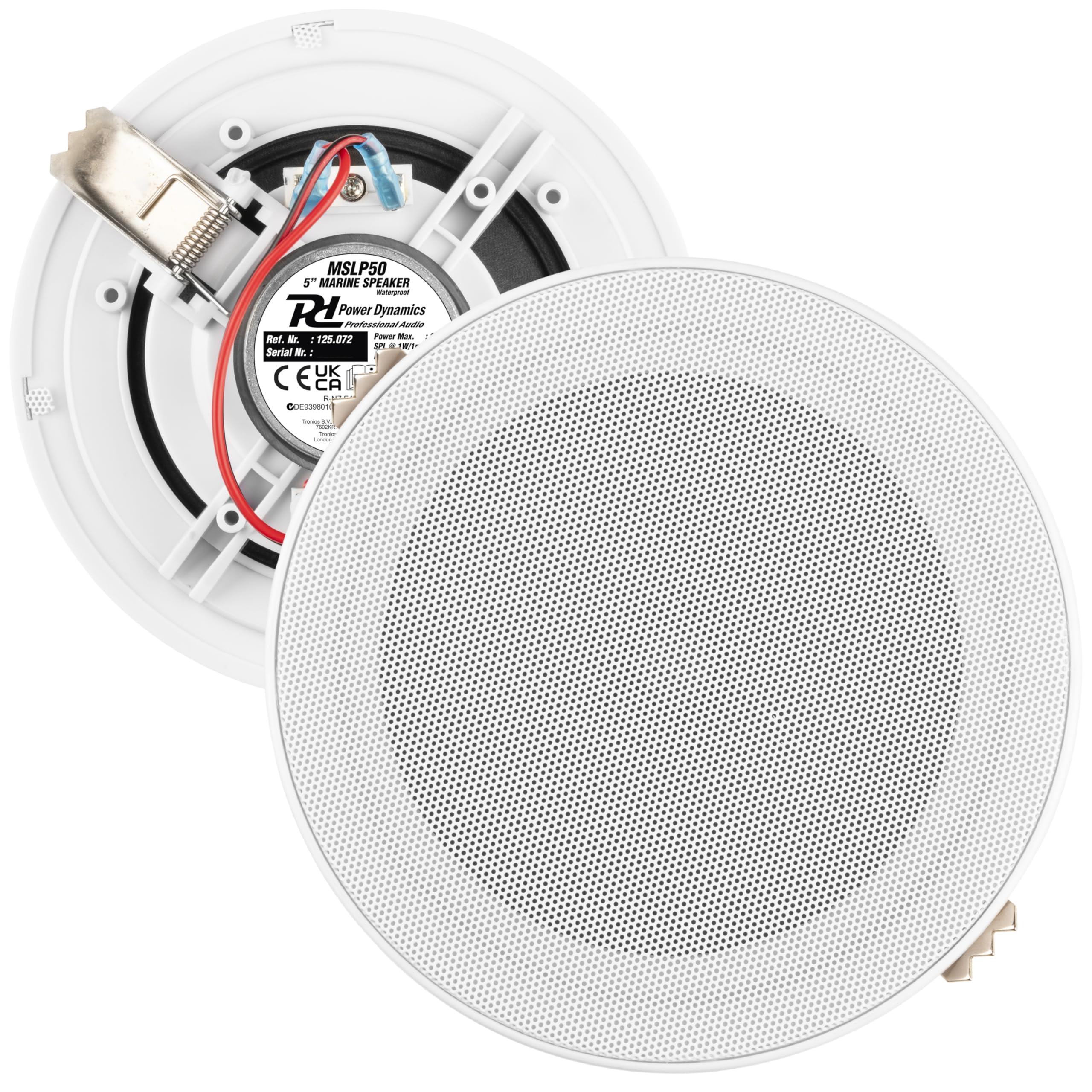 Power Dynamics MSLP50 Altavoces de Techo Marinos Resistentes al Agua - 5" 80W, Altavoz de Techo con clasificación IP, Altavoz de Ducha para Cocina y Techo, Doble Cono, diseño sin Borde de Perfil bajo