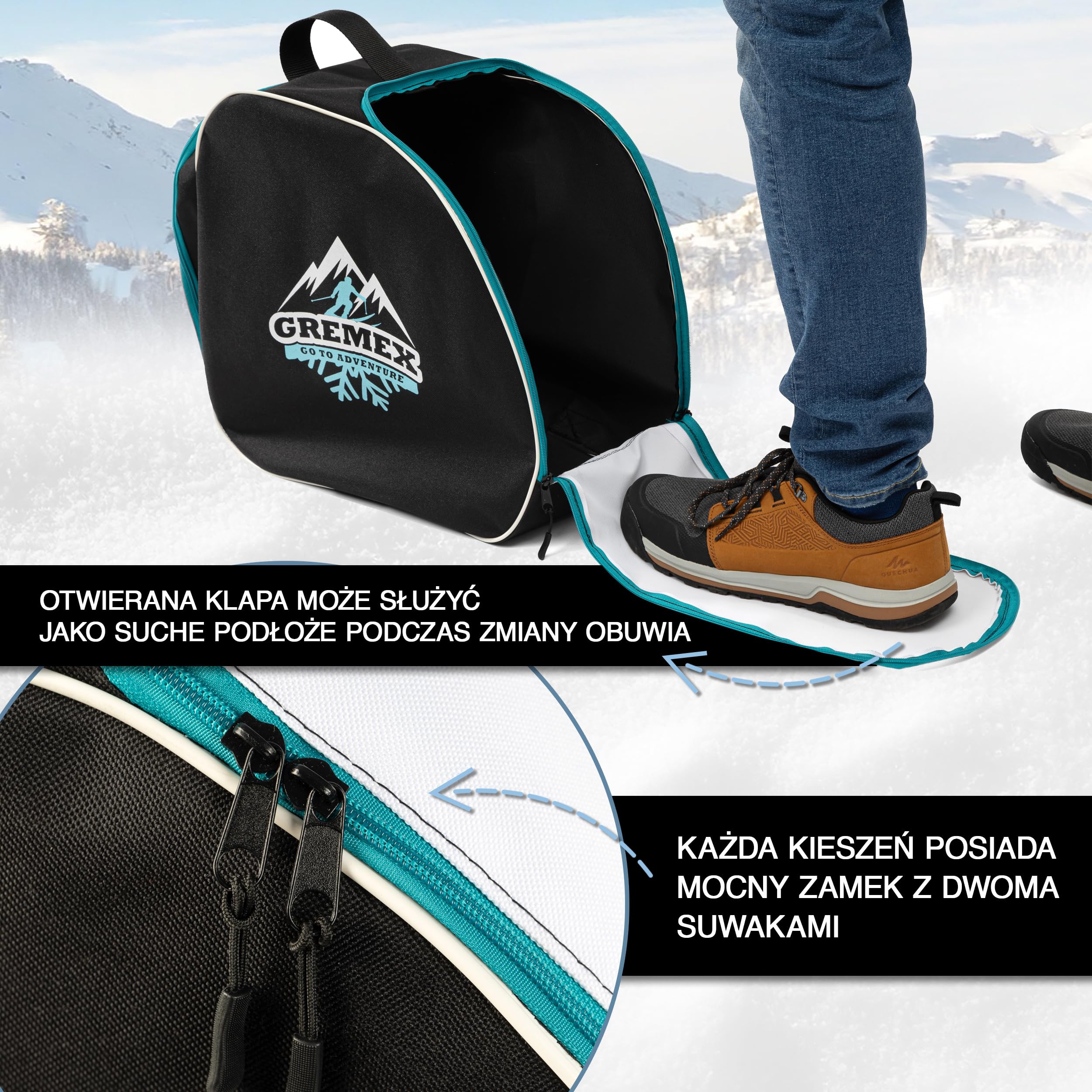Torba na buty narciarskie z miejscem na kask - Wodoodporna torba na buty narciarskie z przegrodą na kask - Torba na buty narciarskie i kask - Plecak na buty narciarskie z przegrodą na kask
