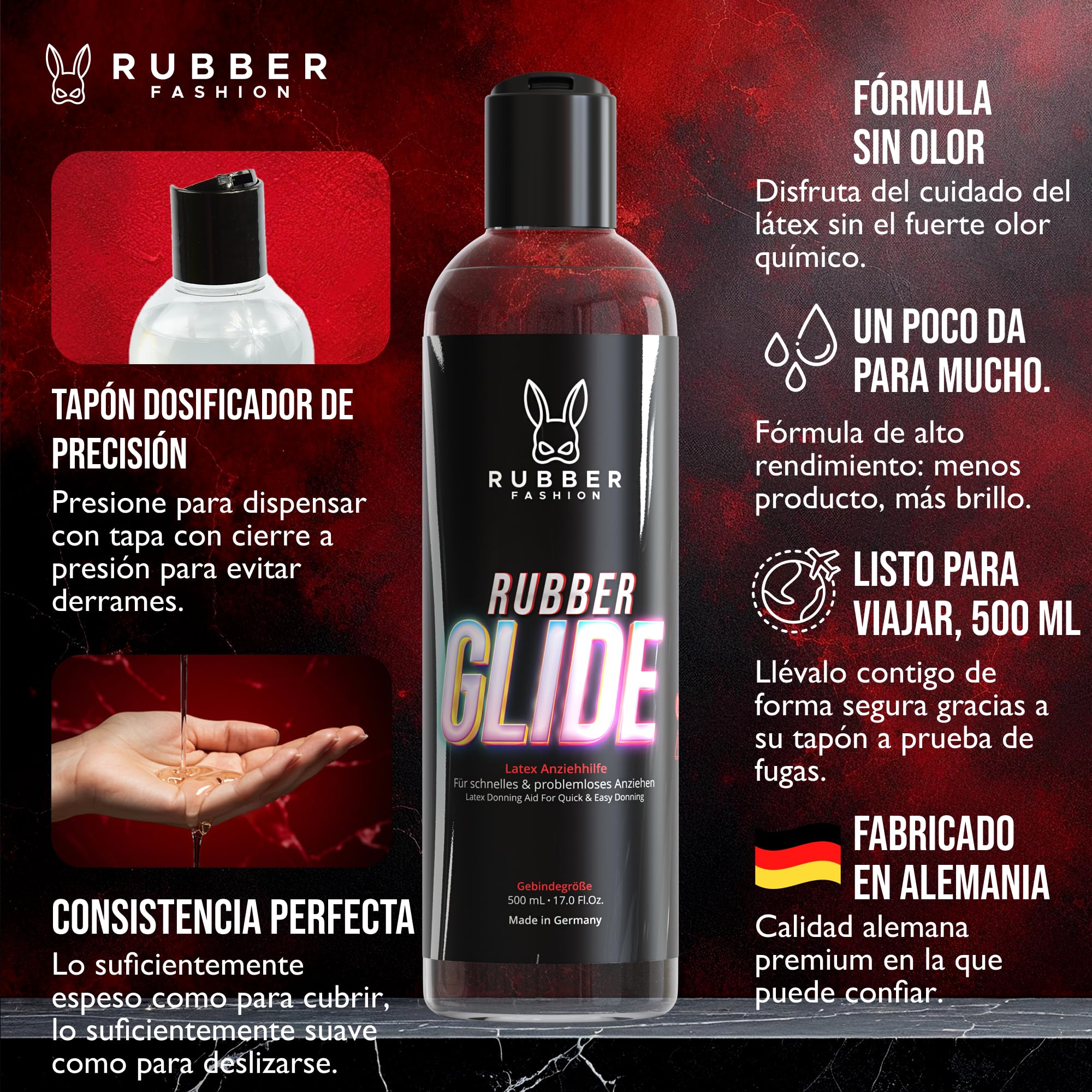 Rubberfashion RubberGlide - Aceite de silicona, cuidado de látex y látex, aceite de silicona para ropa de látex, brillo de silicona, aceite de silicona para ropa de látex, ropa de goma y fetiche