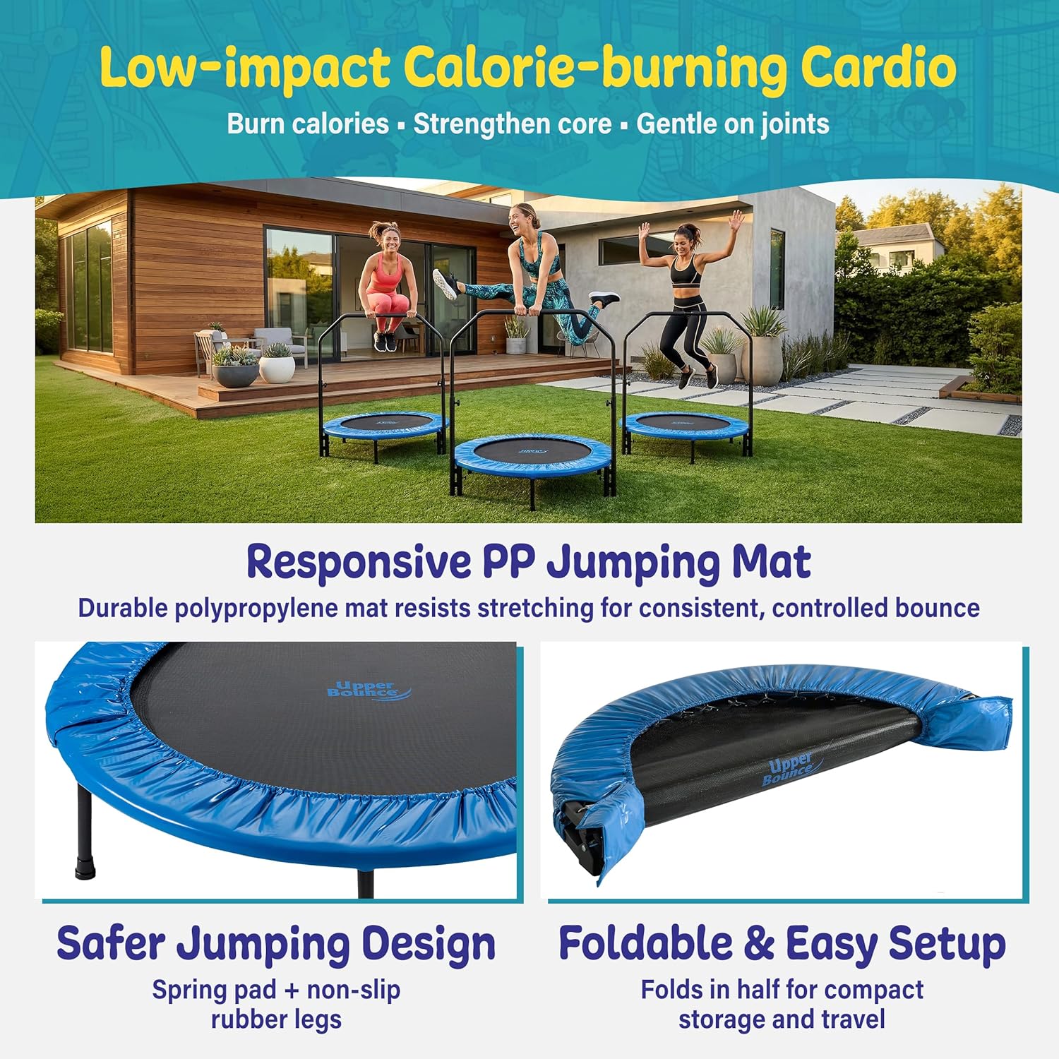 Machrus Upper Bounce Mini Rebounder Trampoline for Adults and Kids, Exercise, Indoor Fitness, Foldable Round Jumping Exerciser, Supports up to 220 lbs
