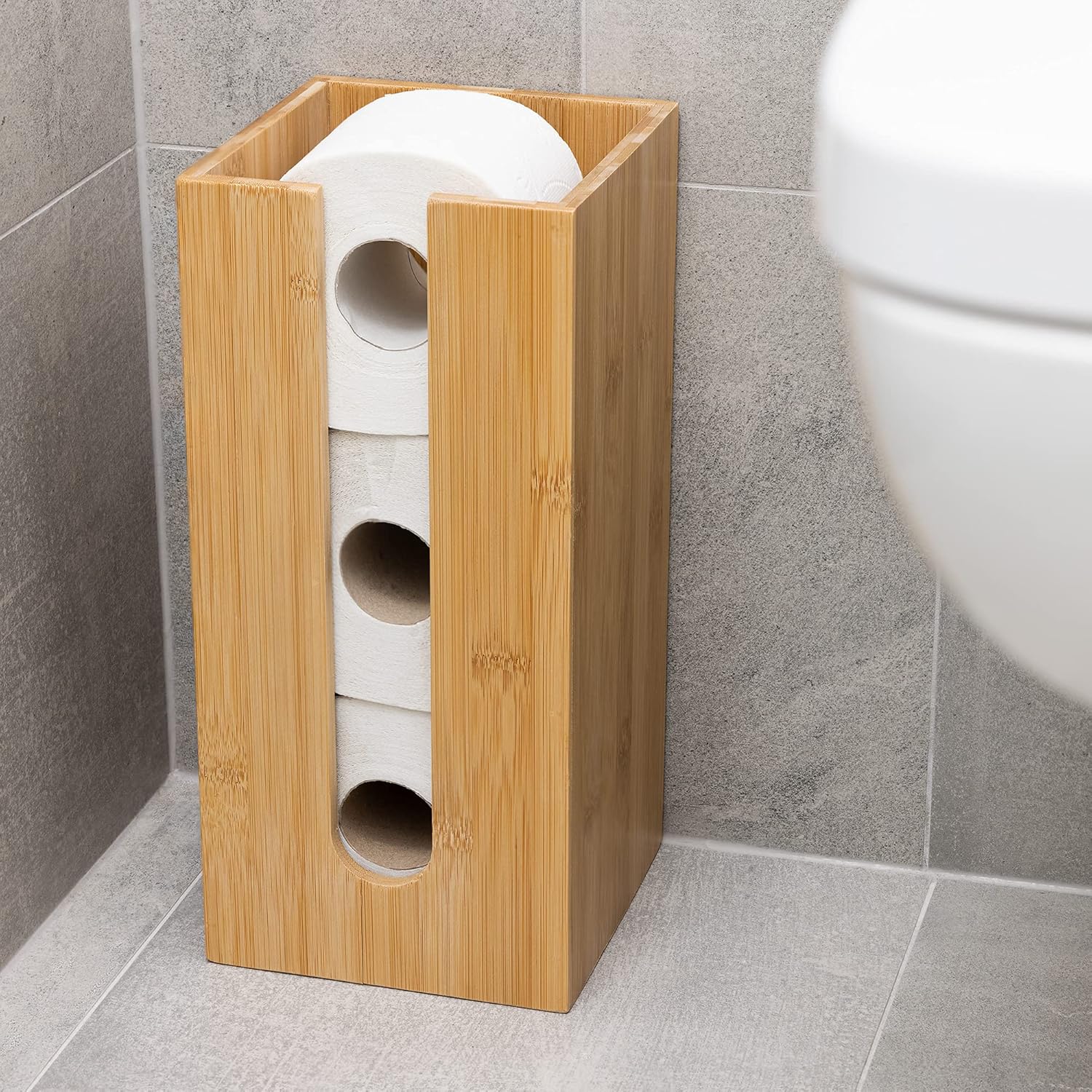 Navaris Bamboo Toilet Paper Storage - Narrow Free Standing Toilet Paper Holder Tower Organizer for Bathroom Restroom - Storage for 3 Toilet Rolls