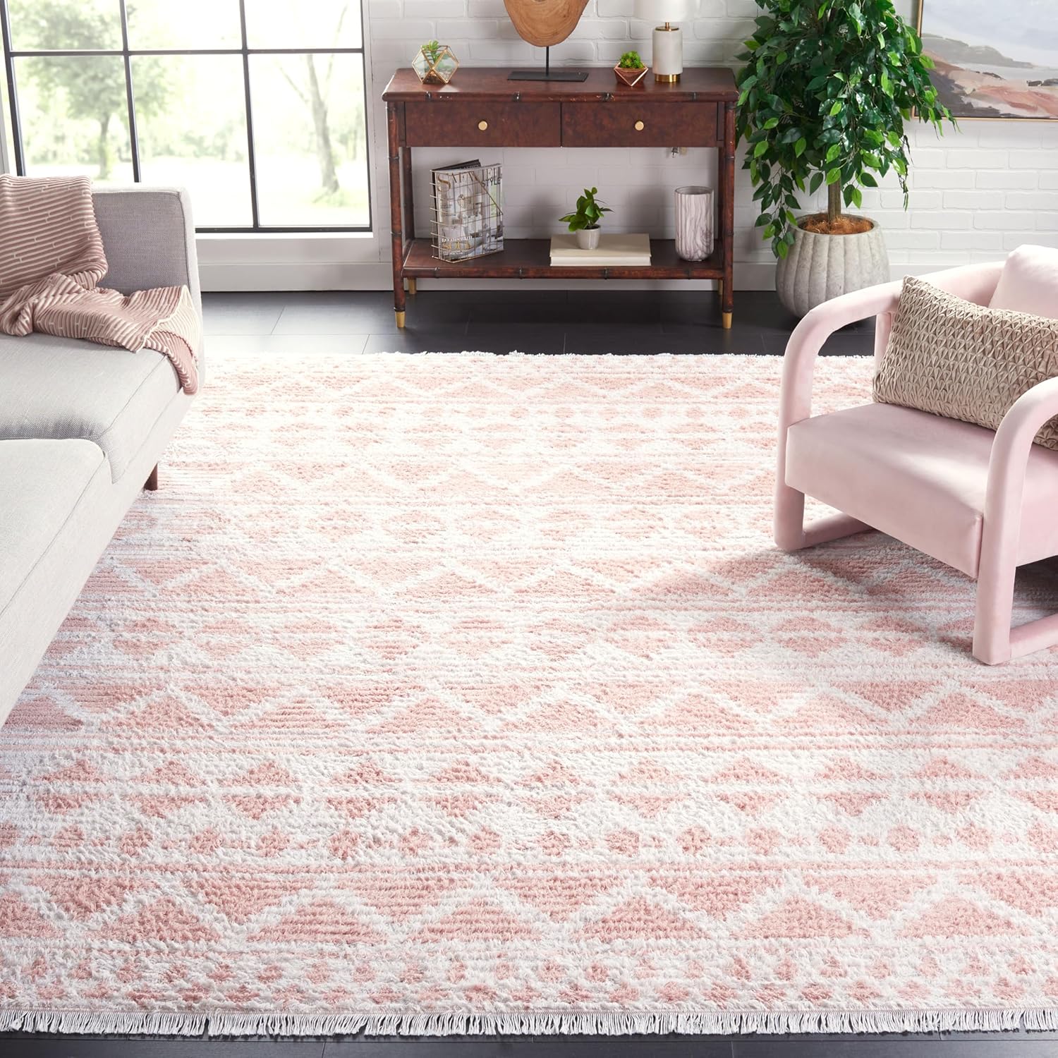 SAFAVIEH Area Rug 8x10 - Augustine Collection - Large - Pink & Ivory, Cotton Moroccan Boho Rustic Fringe Design, Easy Cleaning, Ideal for Living Room, Bedroom, Office, Dining Space (AGT847U)