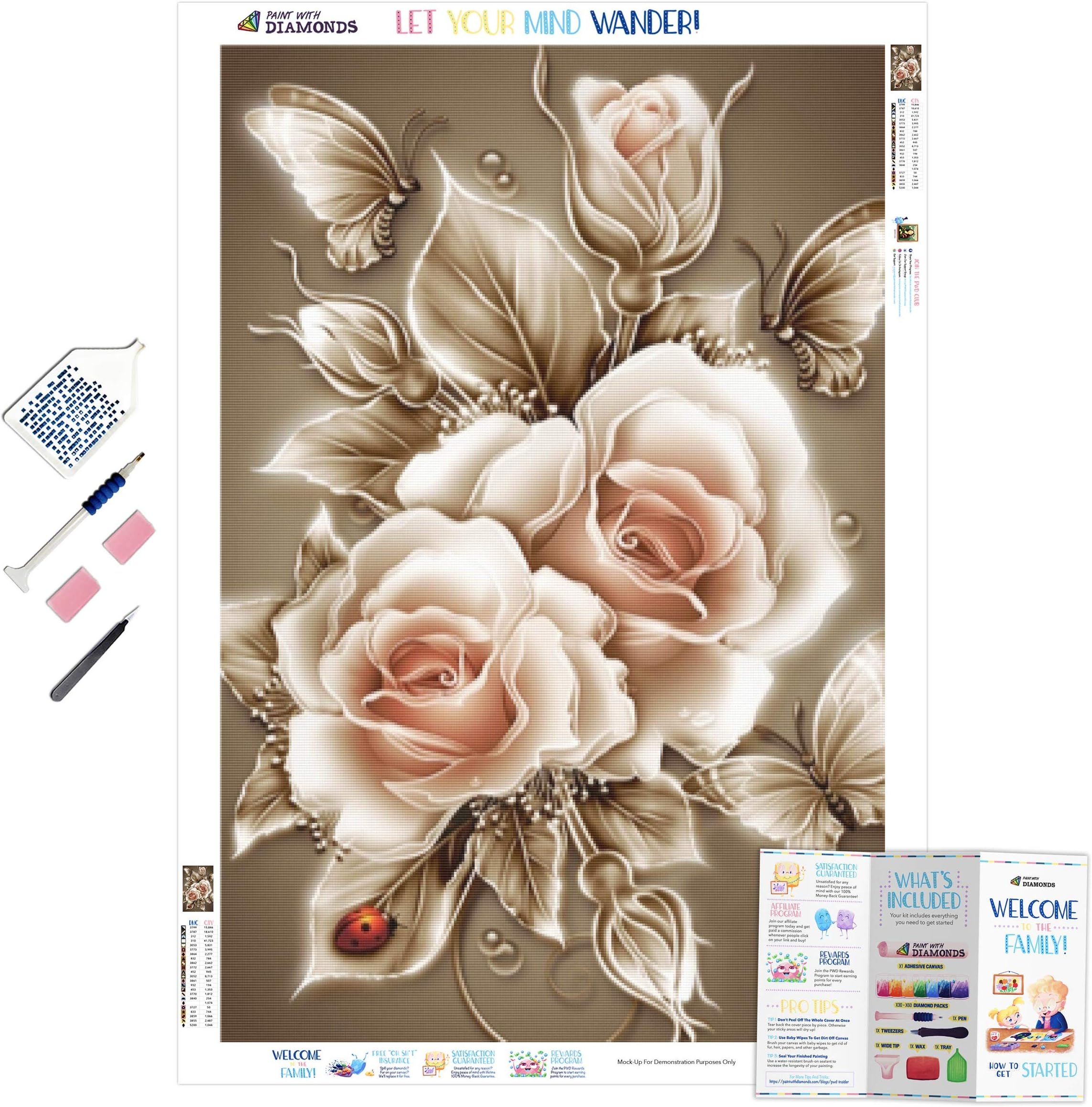 Paint With Diamonds Diamond Painting Kits for Adults XL 60x40cm ‘Rose and Ladybug’ Full Canvas Square Diamonds (Plus Free Premium Diamond Pen)