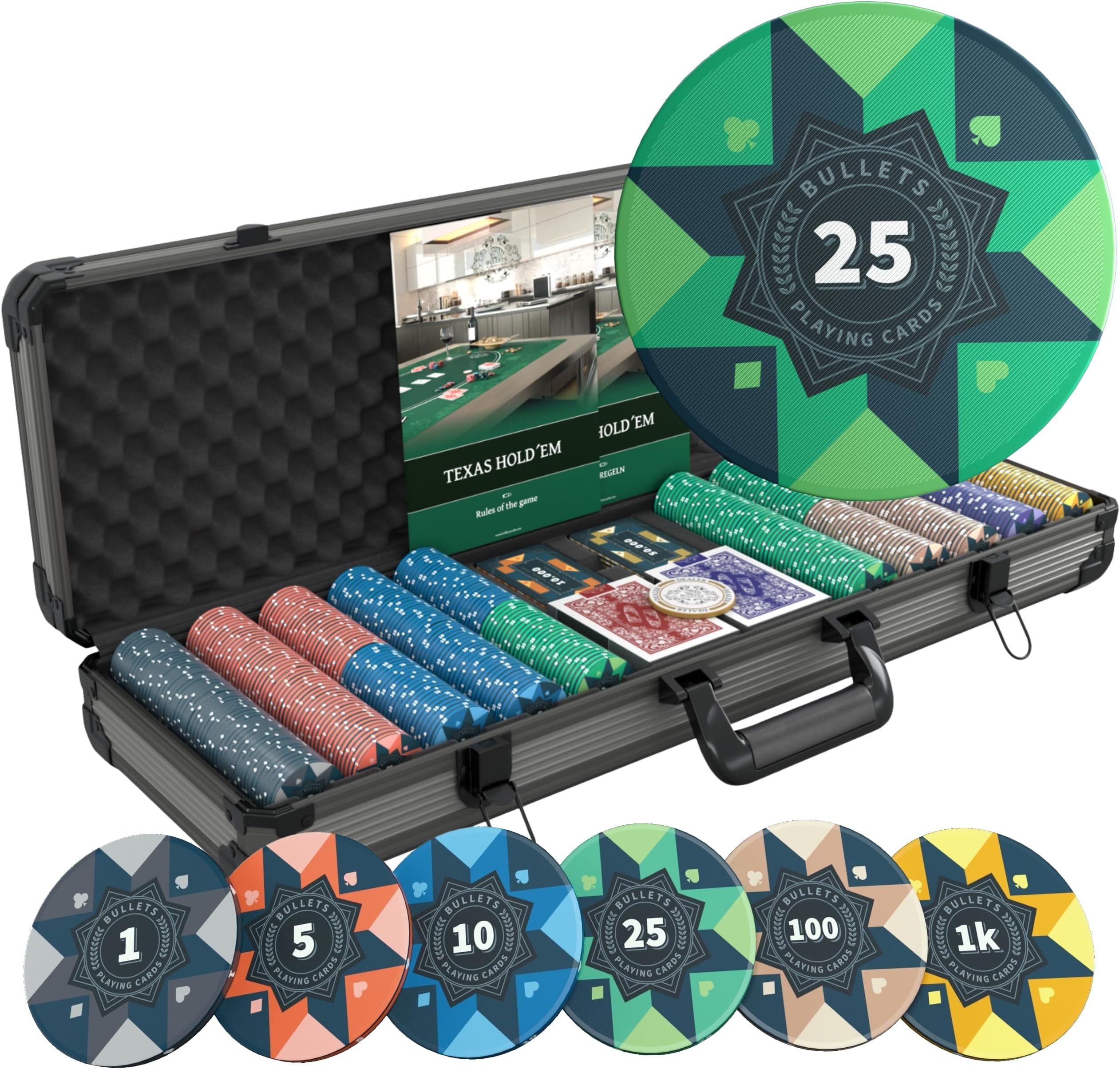 Bullets Playing Cards, 'Paulie' Poker Set with 500 Ceramic Poker Chips with printed values, including Double Pack of Bullets Poker Cards, Plaques