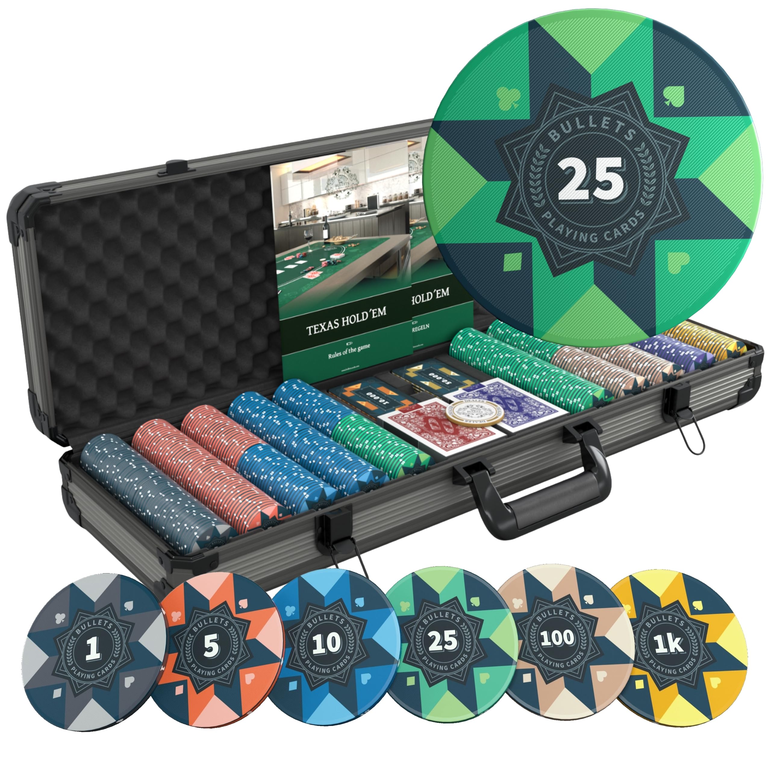 Bullets Playing Cards | Professional Poker Set Paulie | 500 Ceramic Poker Chips (10 g) + Ceramic Plaques with Premium Case – Casino Poker Set for Texas Hold’em