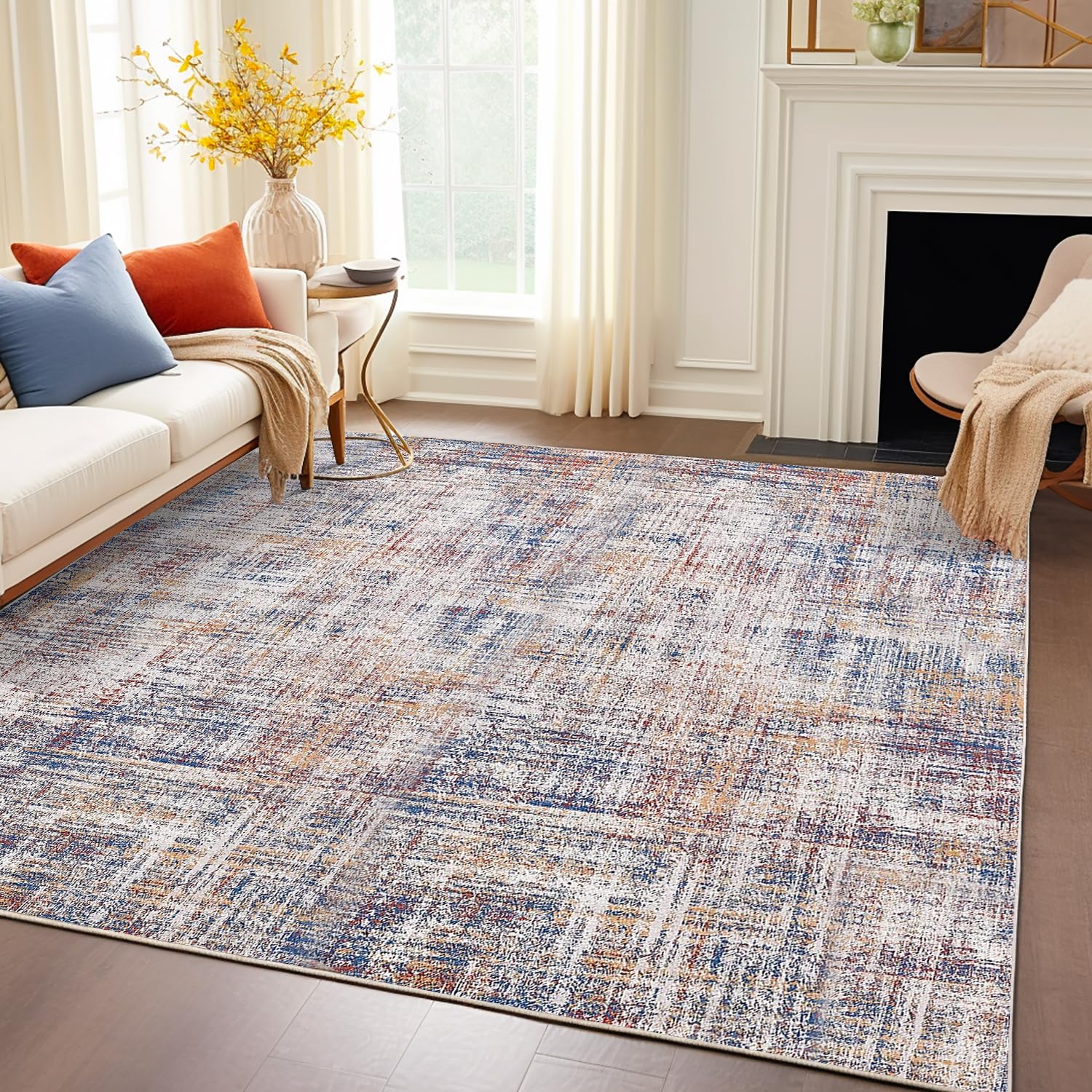 jinchan Area Rug 5x7 Abstract Sketch Distressed Red Multi Print Non-Slip Washable Rug Bedroom Thin Rug Colorful Overdyed Mat Kitchen Rug Contemporary Carpet Living Room Play Mat