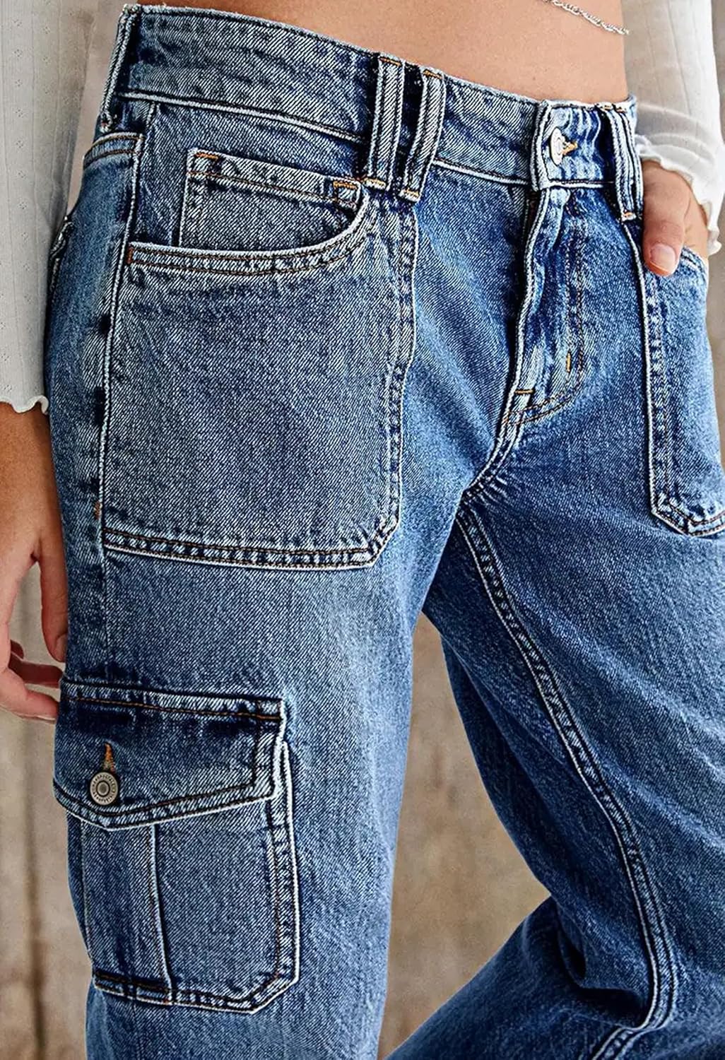 Cargo Jeans for Women High Waisted Straight Wide Leg Boyfriend Jean Casual Baggy Pants with 6 Pockets