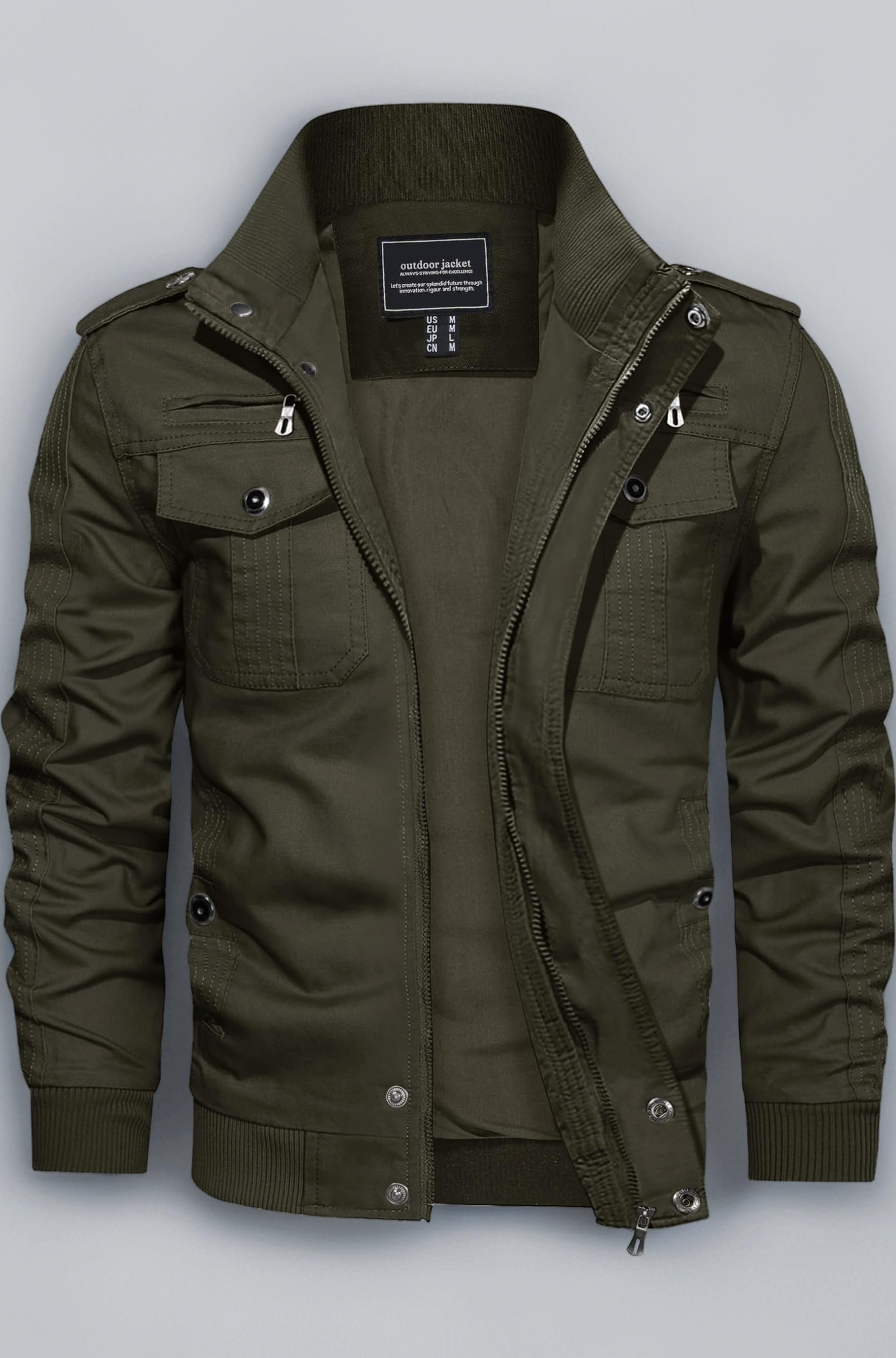 Cotton Men's Casual Lightweight Zip Harrington Standard Length Jacket Windbreaker Safari Cargo Jacket Army Green