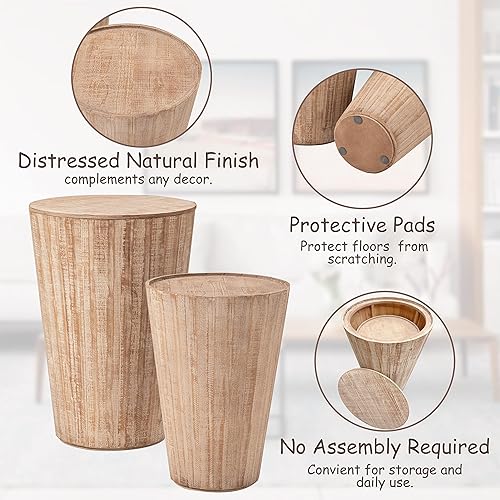 Miniatura 5 de COZAYH Juego de 2 mesas auxiliares redondas, mesa auxiliar anidable de granja, mesa de barril rústica que ahorra espacio con una tapa extraíble para