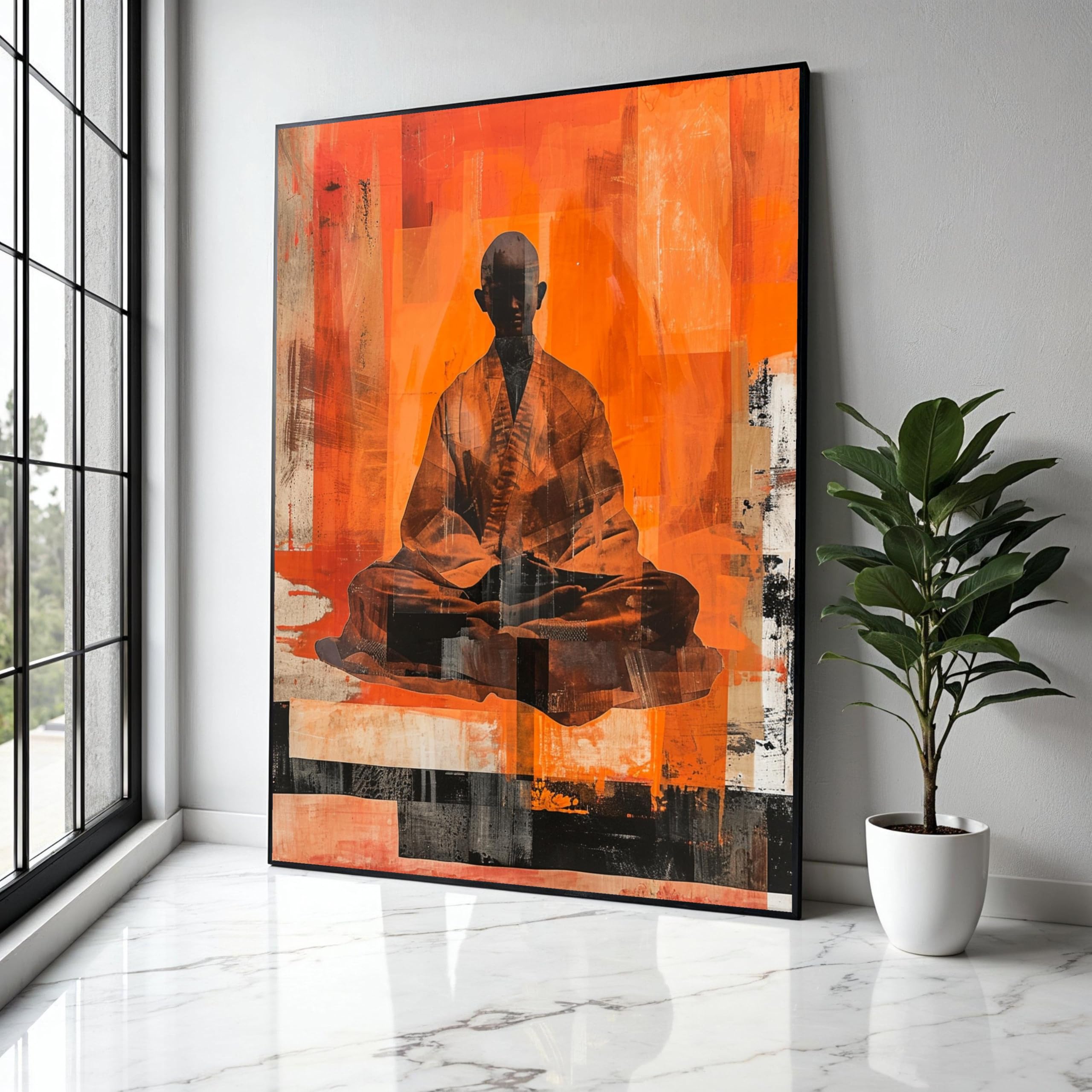 YUSUZHU Stampa su tela astratta raffigurante un monaco in meditazione, decorazione spirituale zen arancione, meditazione con silhouette tranquilla, decorazione per la casa (50x70 cm/cornice interna)