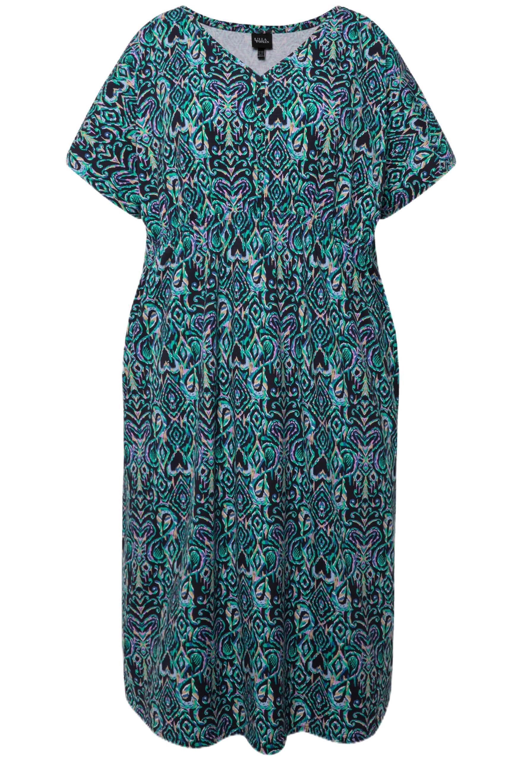 Jerseykleid, Oversized, Streifen, V-Ausschnitt, Halbarm, Schwarz | Ulla