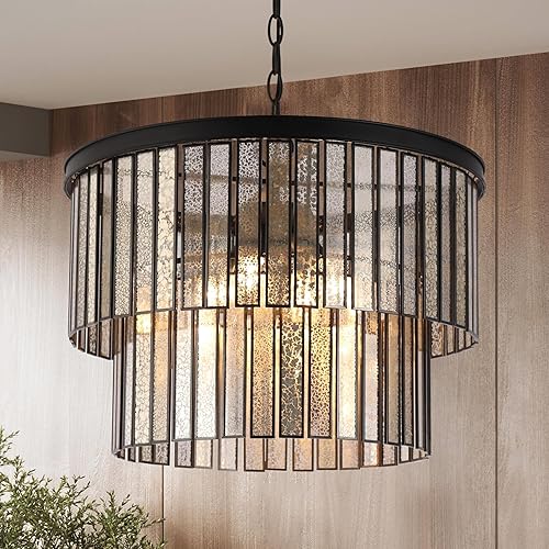 KSANA Candelabro moderno de tambor, 4 luces negras claras redondas de 2 niveles con vidrio para comedor, sala de estar, dormitorio, isla de cocina y