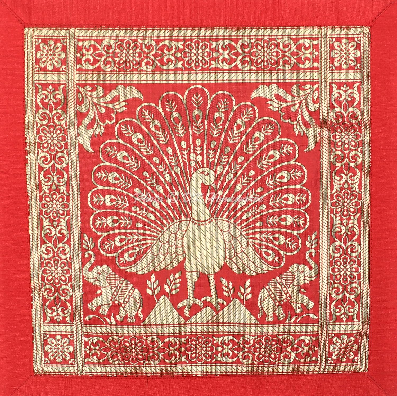 Ethnic Throw Pillowcases 12 x 12 Inch Brocade Jacquard Weave Decorative Square Peacock Cushion Covers (Size - 30x30 cm ; Color: Red & Gold) - Set of 5 Pcs (Cover Only)