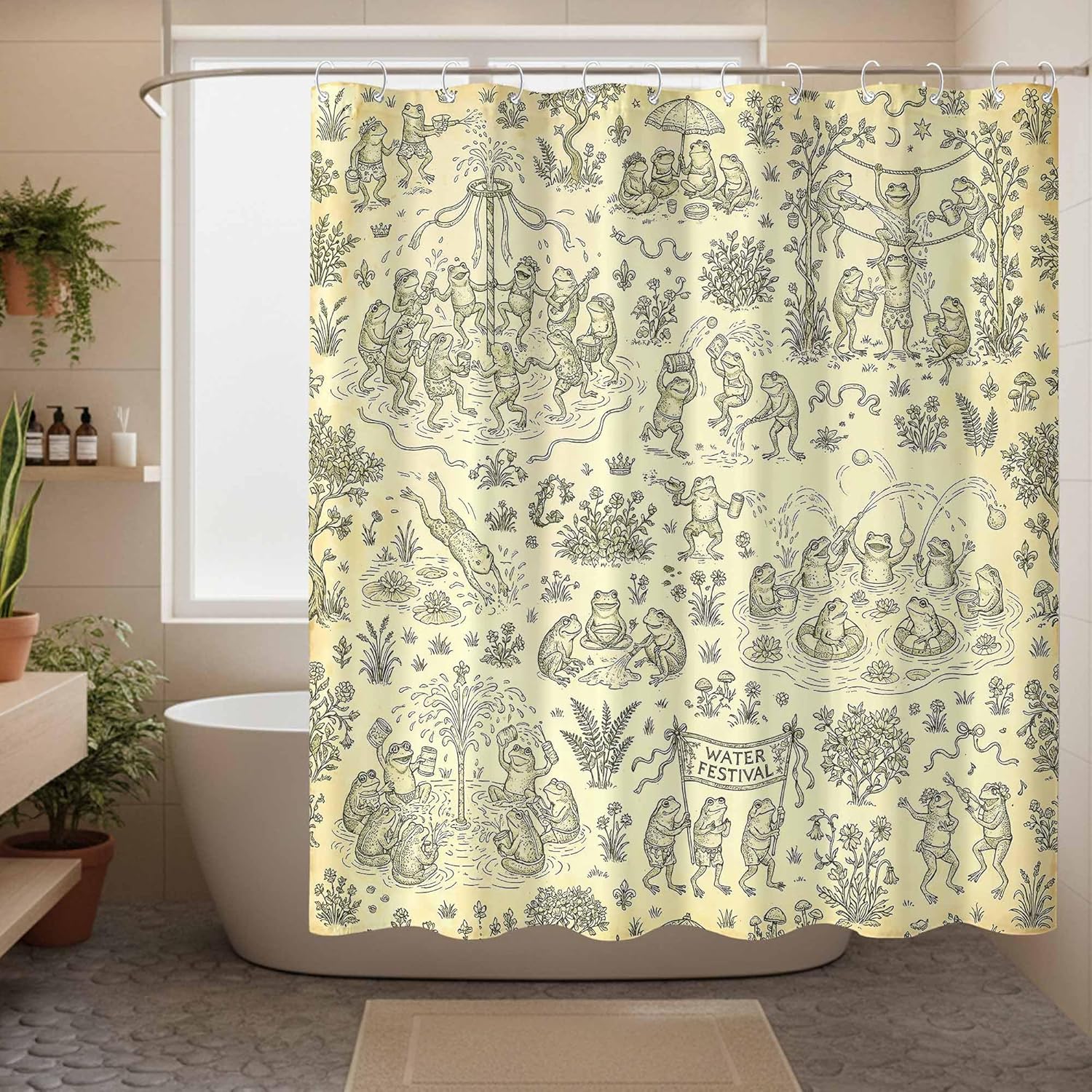 Japanese Frog Water Festival Shower Curtain, Vintage Chojugiga Art Style Frogs Playing with Water, Folk Art Illustration on Aged Parchment, Waterproof Fabric Bathroom Decor, 72x72 Inch.