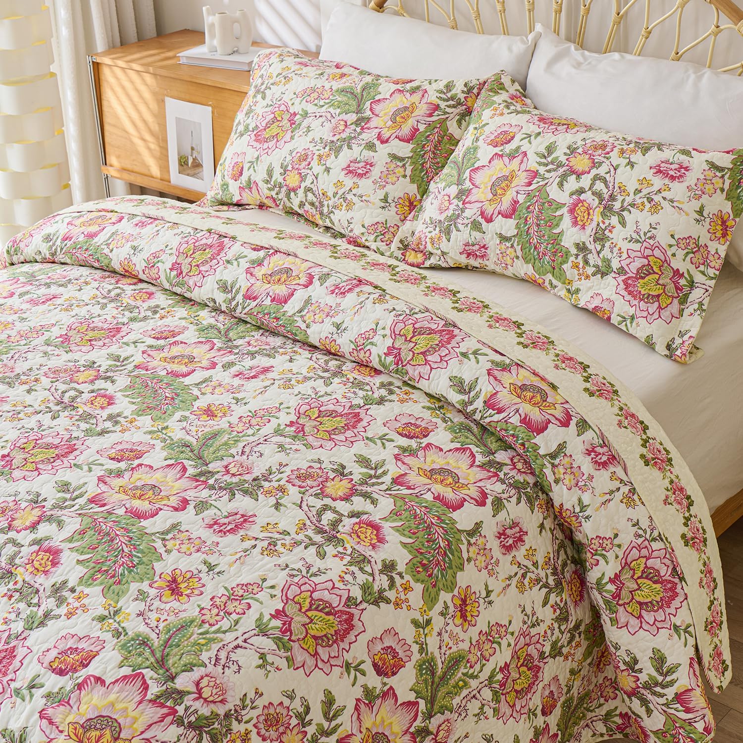 Cmfshape Floral Quilt Sets Bedspread Set,100% Cotton Pink Bohemian Flowers Bedding Set,Reversible Lightweight Soft Bedspread Coverlet for All Season with 2 Pillow Shams(Queen 92"x96")