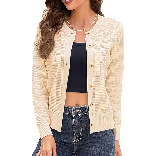 Women's Crew Neck Button Down Long Sleeve Solid Knit Classic Cardigan Sweater