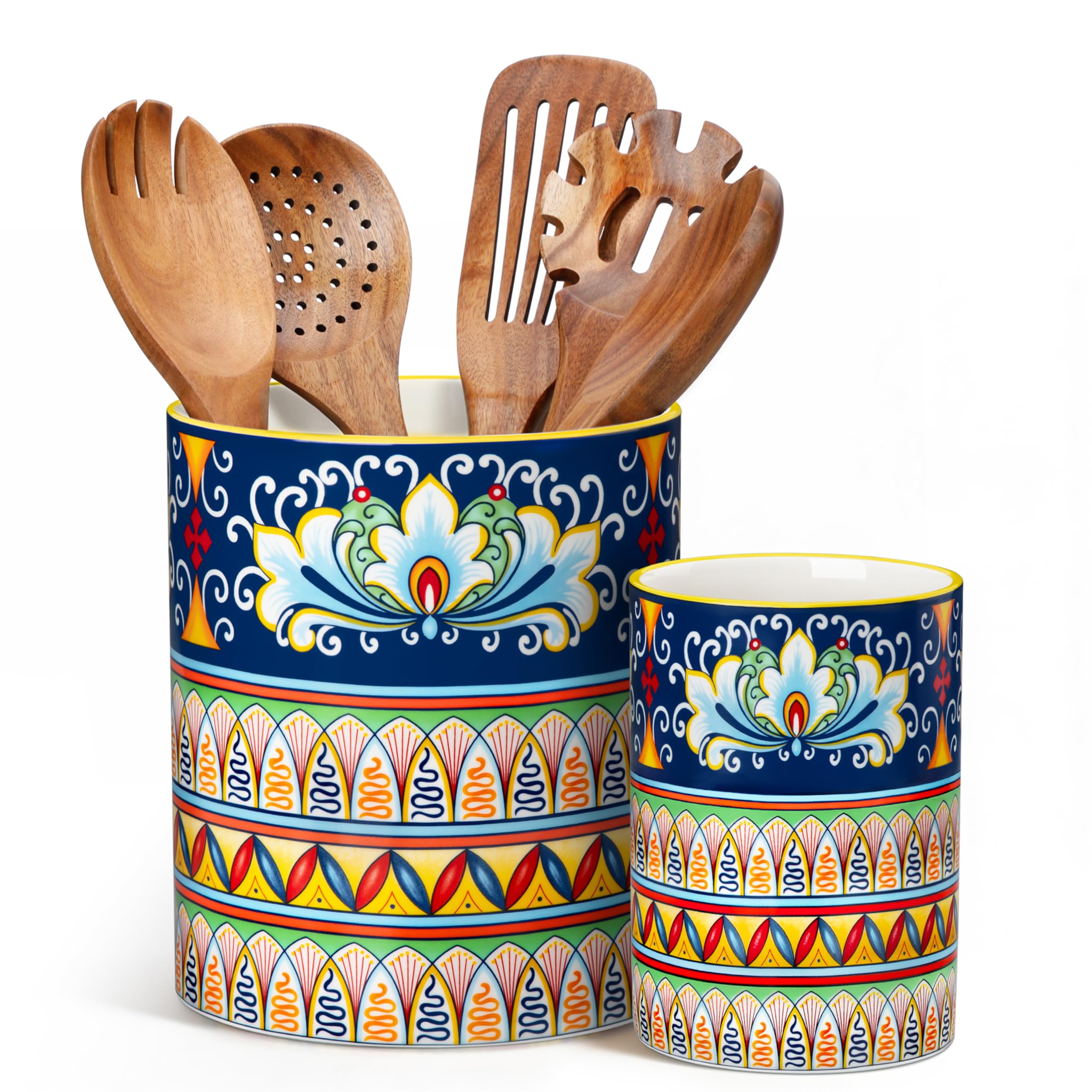 vancasso 2-tlg Küchenutensilienhalter, 18,6 cm + 14 cm Keramik Utensilienhalter im Boho-Stil, Behälter für Küchenutensilien, Kitchen Utensil Holder für Spatel & Löffel, Zenit-Harmonie