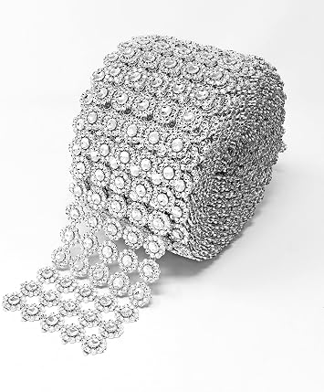 Diamond Flower Shape Mesh Wrap Roll Faux Rhinestone Crystal Ribbon 4" x 10 Yards 30 ft ... Silver
