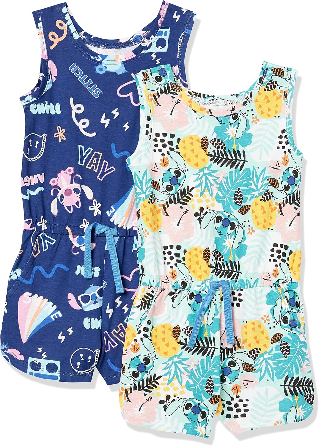 Amazon Essentials Disney | Marvel | Star Wars | Frozen | Princess Girls and Toddlers' Knit Sleeveless Rompers, Pack of 2 XX-Large Tropical Stitch