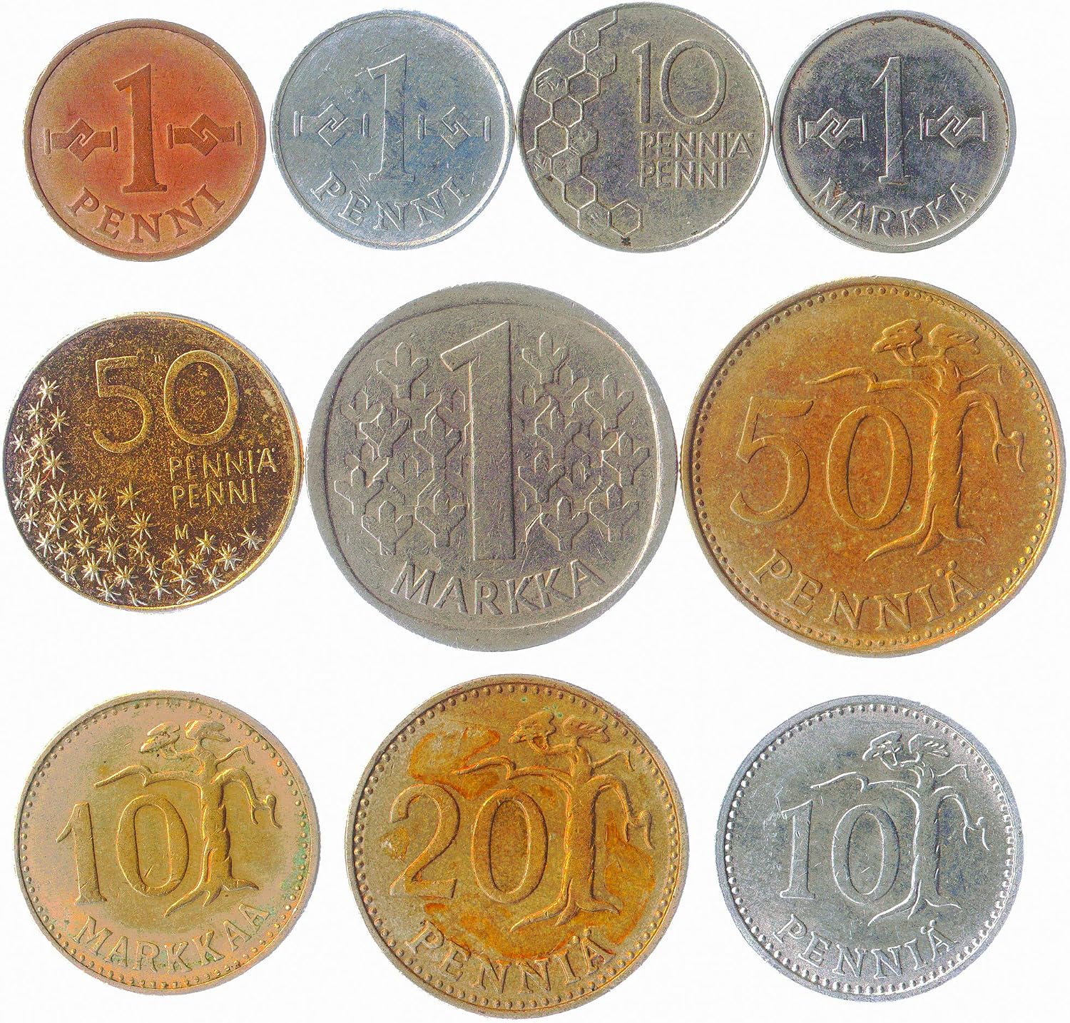 10 FINLAND COINS FINNISH SUOMI PENNI PENNIÄ MARKKAA 1963-2001. PERFECT CHOICE for YOUR COIN BANK COIN HOLDERS AND COIN ALBUM