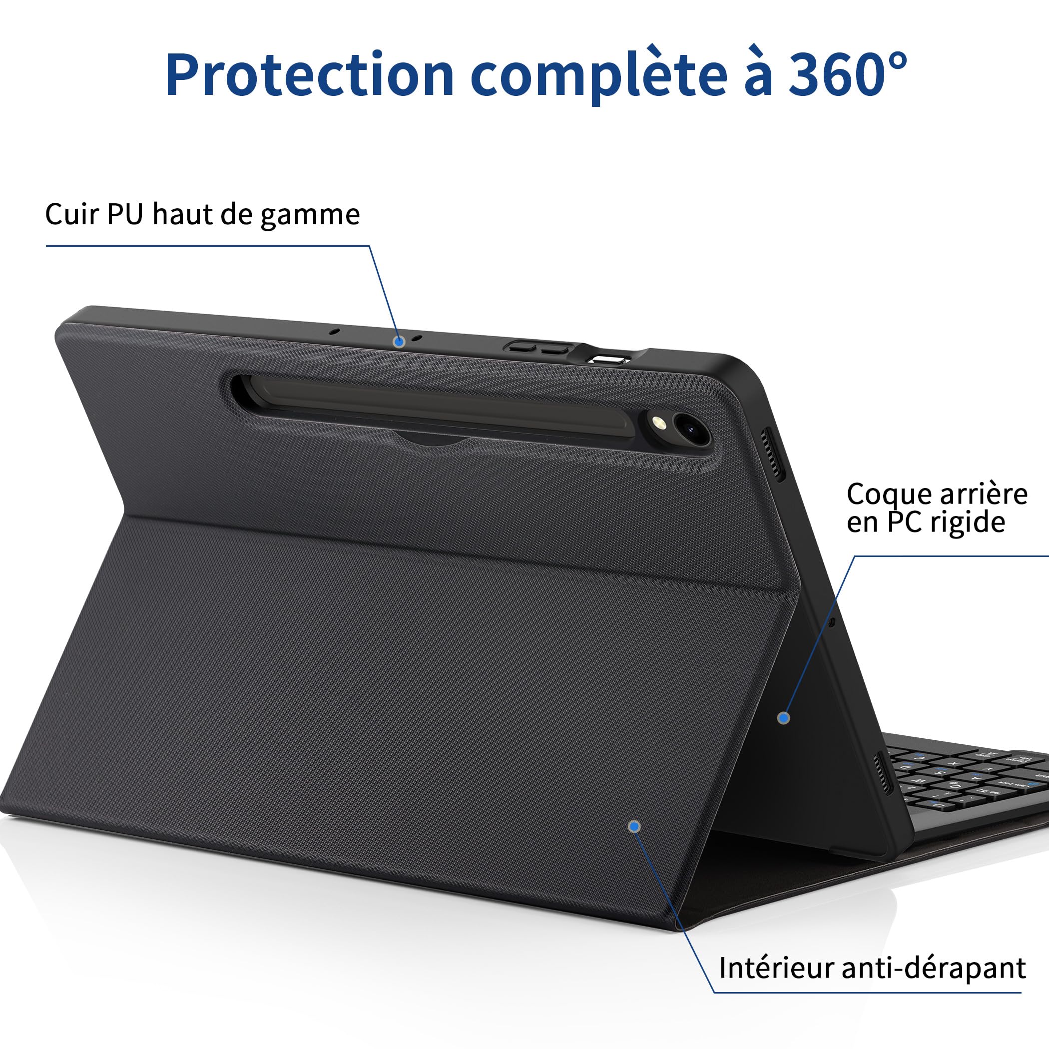 EasyAcc Étui Clavier pour Samsung Galaxy Tab S10 Lite 5G / S10 FE / S9 FE / S9 10.9" / 11" (2025/2023) avec Film de Protection, [AZERTY] Étui de Protection pour Clavier Amovible avec Porte-Stylo, Noir