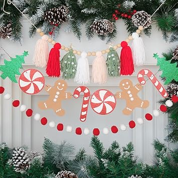 Christmas Tassel Garland Banner with Pom Pom Garlands Christmas Candy Tree Cane Banner for Wall Hanging Home Decor