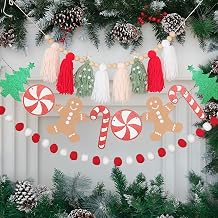 Christmas Tassel Garland Banner with Pom Pom Garlands Christmas Candy Tree Cane Banner for Wall Hanging Home Decor