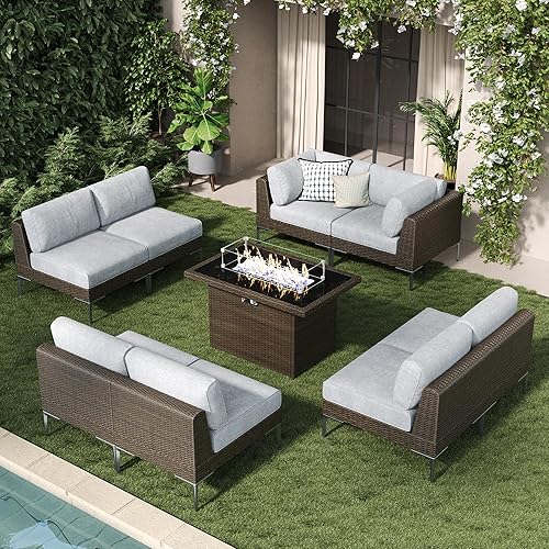 LayinSun 9-Piece Outdoor Modular Wicker Sectional Sofa with Fire Pit