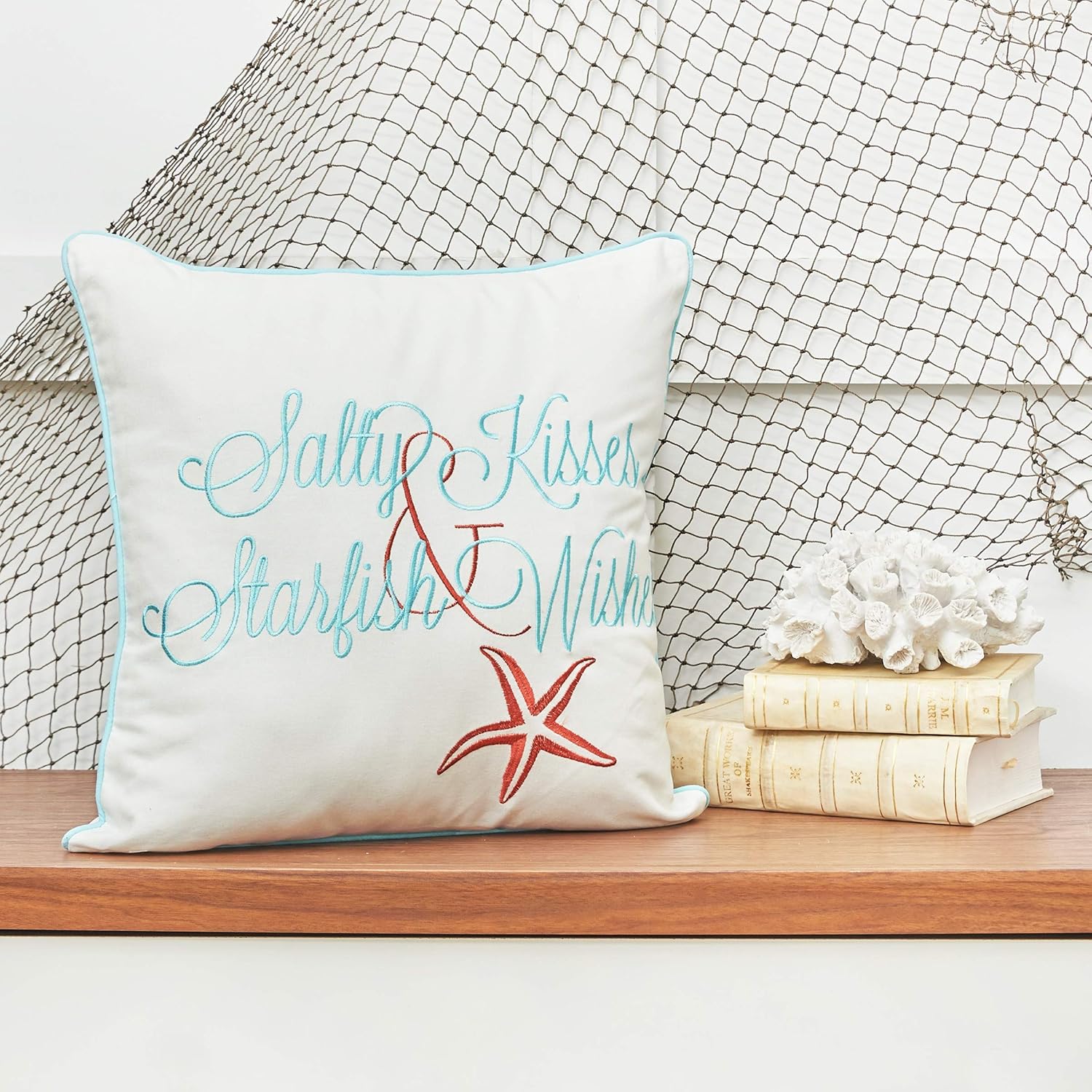 C&F Home Salty Kisses Starfish Wishes Embroidered Cotton Accent Throw Pillow 18" x 18" All Seasons Summer Beach House Inspirational Quote Coastal Home Living Room Sofa Couch Chair Bed Bedroom Decor