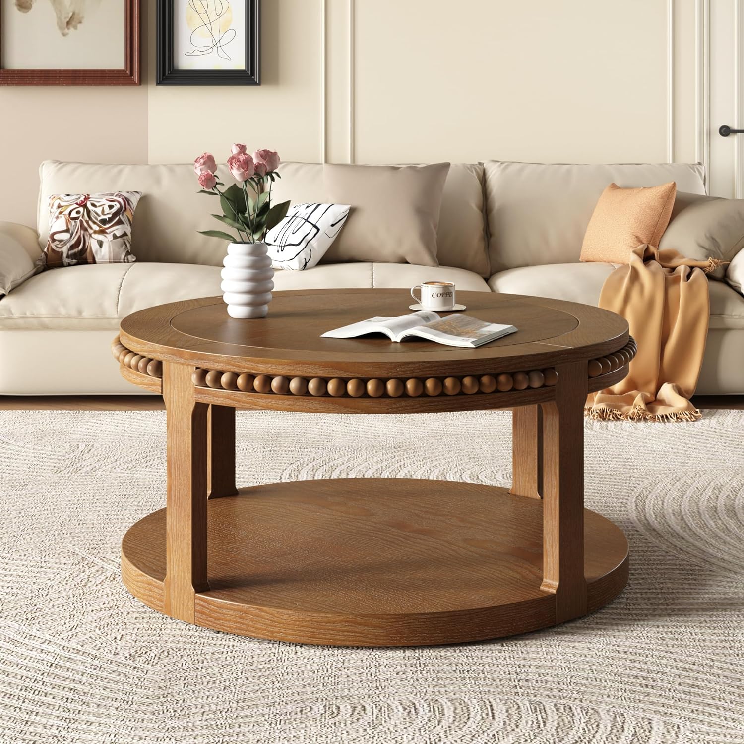 Round Coffee Table for Living Room 31.5" W Small Coffee Tables with Storage Shelf 2-Tier Modern Design Industrial Circle Wood Center Home Furniture Apartment Office Walnut