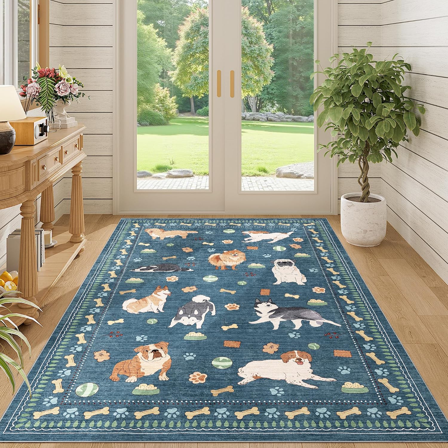 DUKINO 4x6 Area Rug, Non Slip Washable Rug for Living Room with Low Pile Design, Lightweight & Non Shedding Animal Dog Print Indoor Soft Carpet for Bedroom, Dining Room, Kids Room, Office, Blue