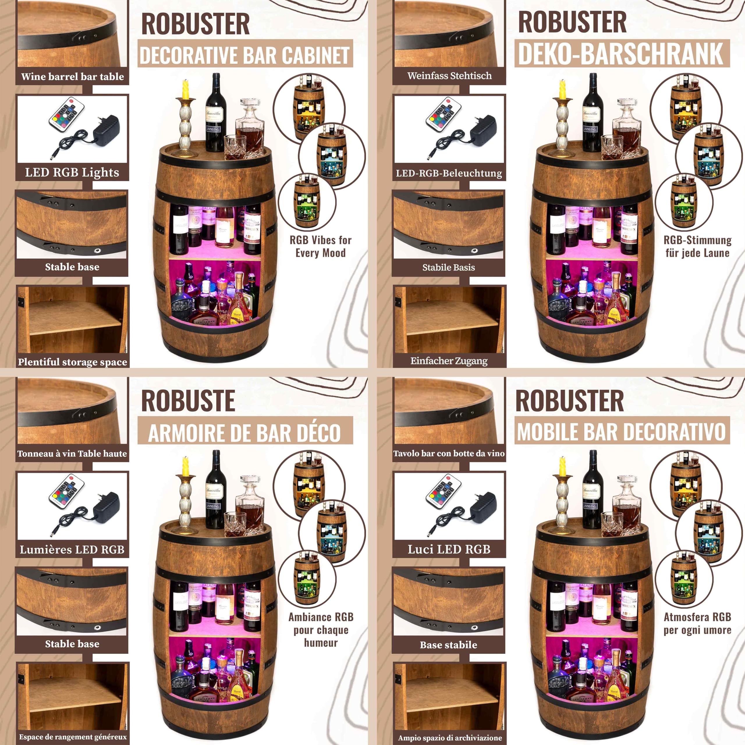 CREATIVE COOPER Weinregal Holz - Weinschrank Mini Bar - Alkohol Schrank Mann - Barschrank mit LED-Leuchten - 80cm hoch - Retro deko Bar Regal - Hausbar Theke - Fassmöbel (Wenge)