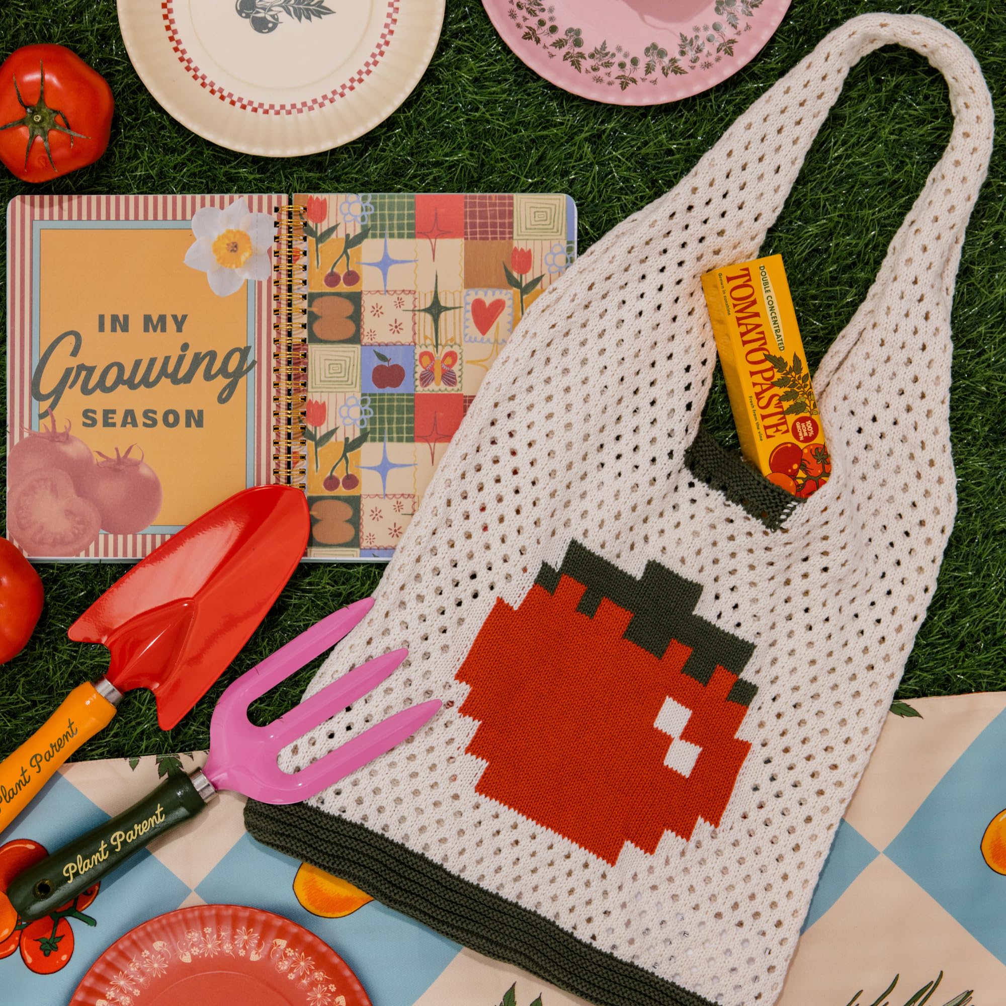 ban.do Crochet Produce Market Bag, Cotton Yarn Crocheted Tote, Pixelated Tomato