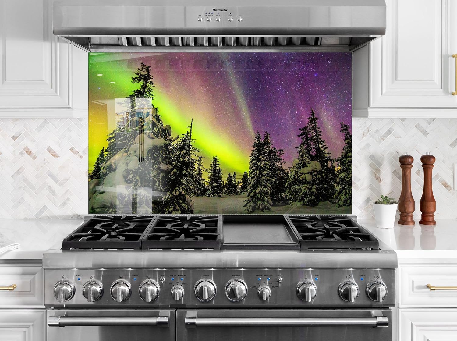 Myphotostation.com 12x12''Tempered Glass Backsplash Tile Kitchen Backsplash Tiles Cooker Panel Waterproof Aurora Borealis Kitchen Wall Decor Northern Lights Splashback