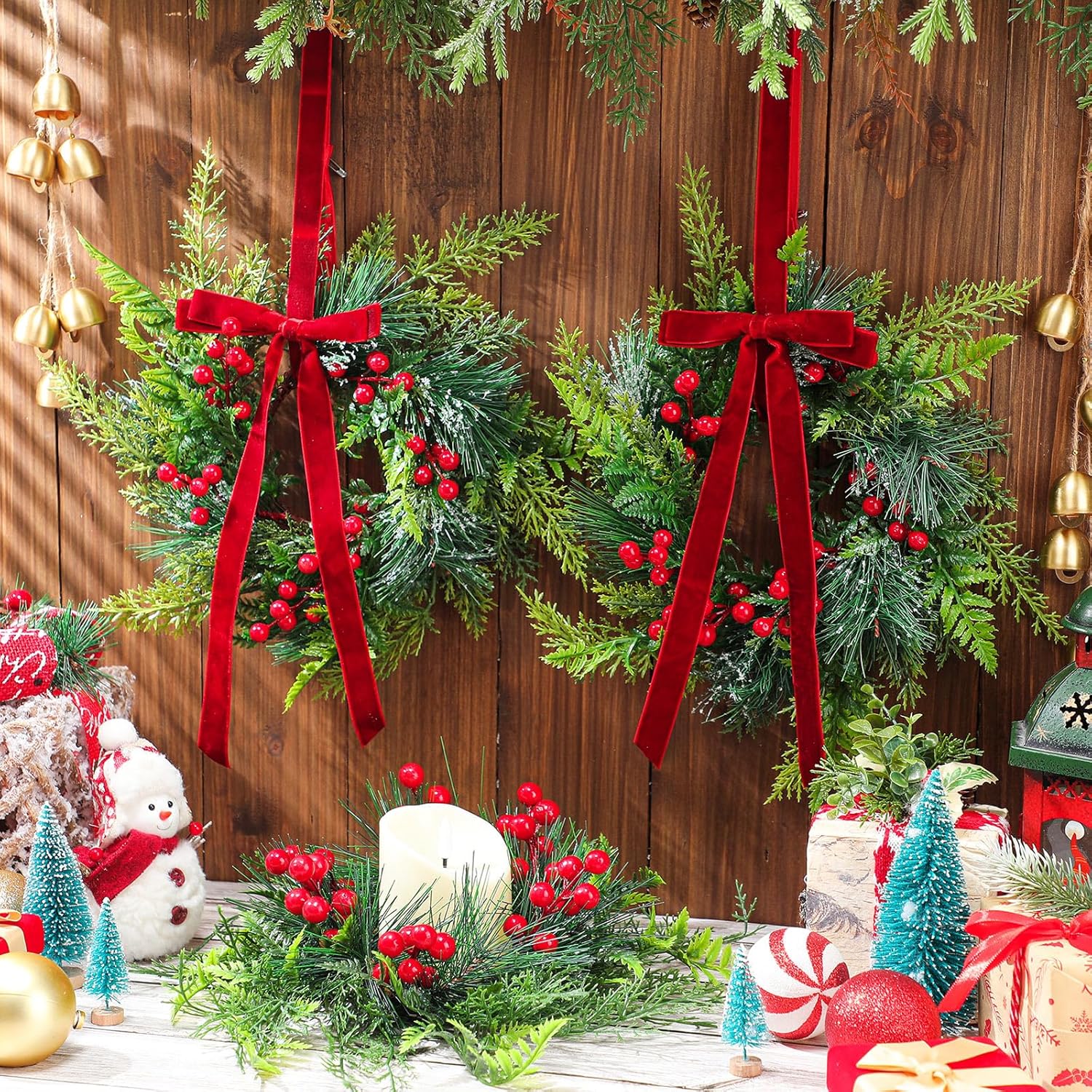 6 Pcs 11 Inch Mini Christmas Cabinet Wreath for Kitchen Christmas Berry Hanging Cabinet Wreath Decor with Red Bow Artificial Pine Candle Ring for Xmas Door Fireplaces Table Centerpiece