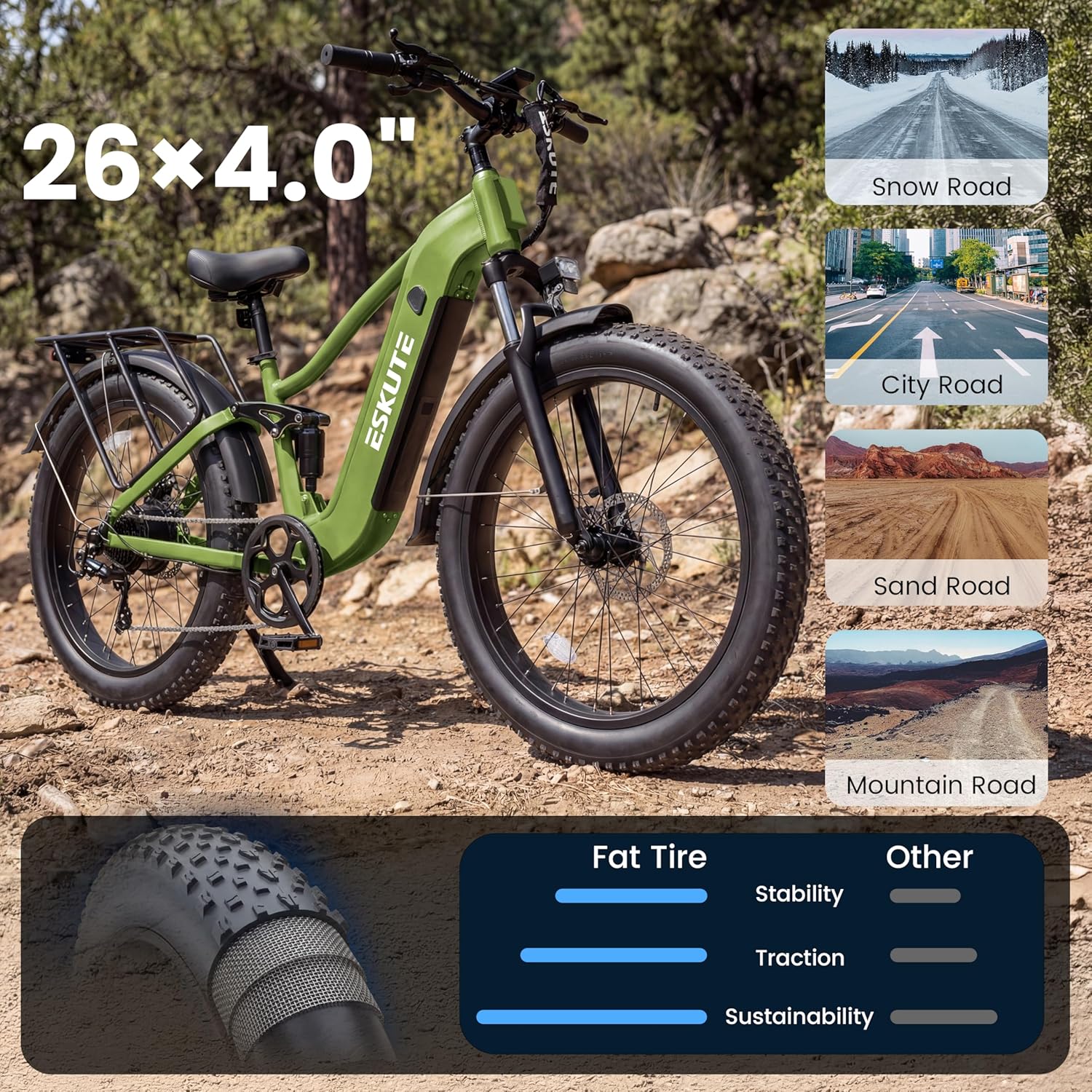 ESKUTE Electric Bike for Adults - 48V20.8Ah Battery Ebike up to 80 Miles, Peak 1500W Brushless Motor, 32MPH, 26x4.0 Fat Tire Step-Over Mountain Ebike, 8-Speed, Full Suspensions E-Bike