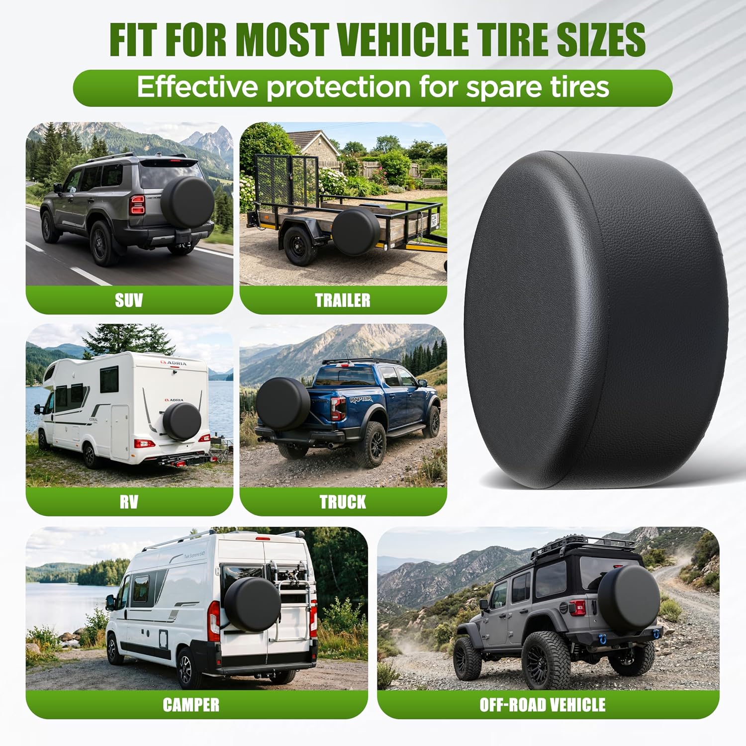Amooca Spare Tire Cover Thickening PVC Leather Automotive Wheel Cover Universal Fit for SUV Truck Camper Trailer RV JP FJ Waterproof Sun Rain Snow Tire Protector Black 24-26 inch